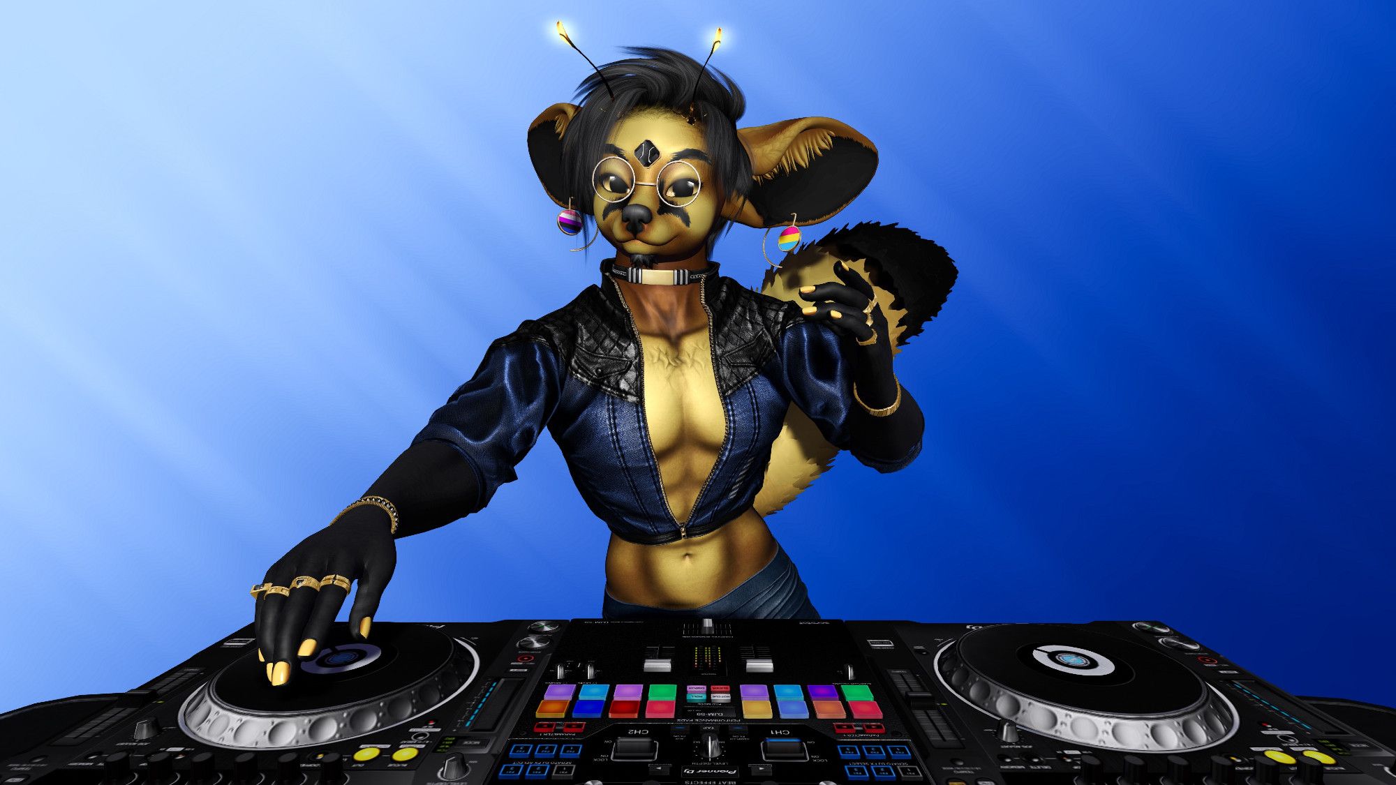 A golden fennec fox man with black markings, a small blue leather jacket, black hair, and gold jewelry uses a DJ controller against a blue gradient background.