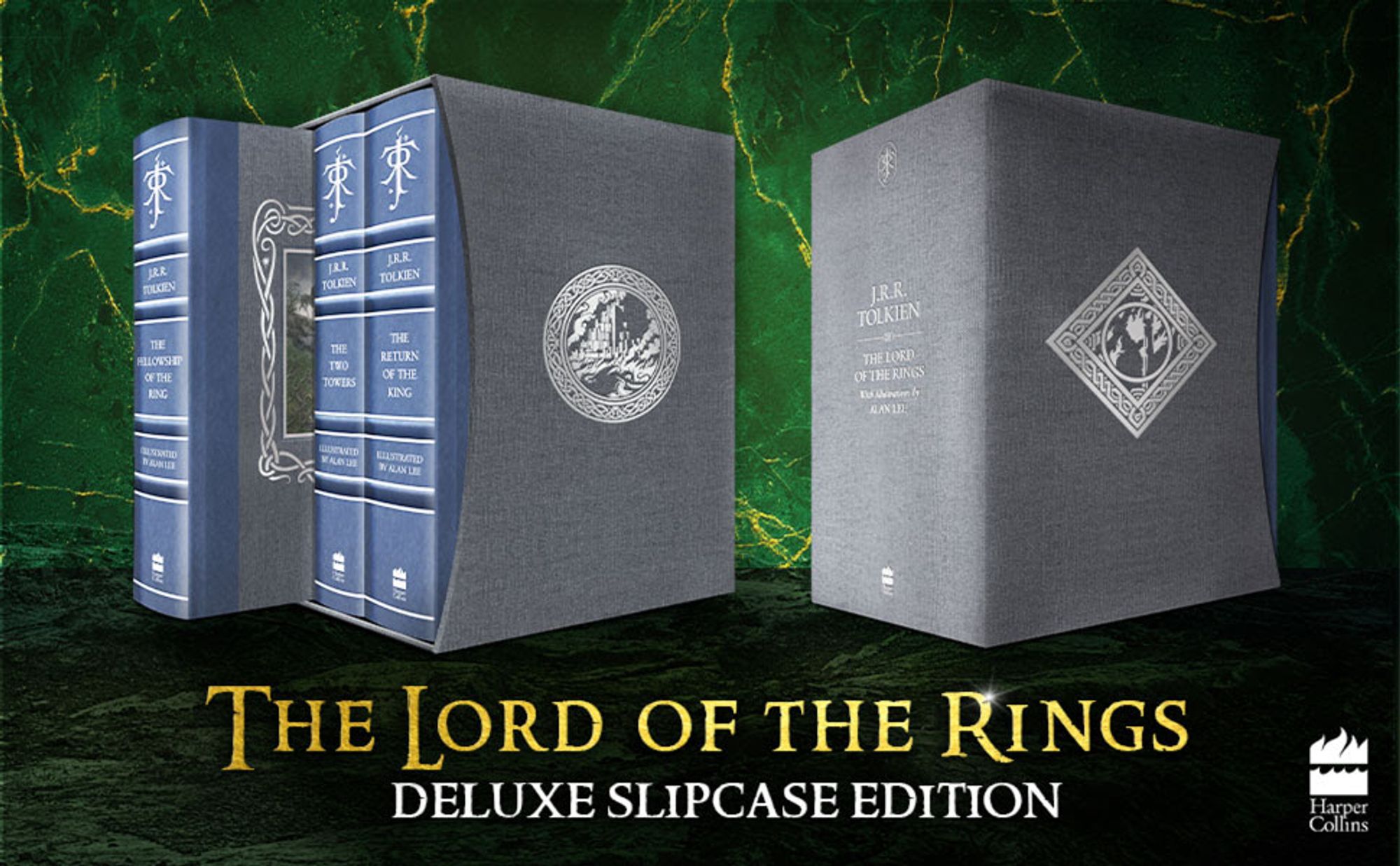 The Lord of the Rings
Deluxe slipcase edition
HarperCollins annonce pour le 10 octobre prochain une édition 3 volumes deluxe en coffret illustrée par Alan Lee de The Lord of the Rings.
Les caractéristiques :
- reliure en cuir et tissu avec argentures
- de nouvelles peintures couleurs et 50 nouveaux croquis spécifiquement réalisés pour cette édition
- 3 cartes d'illustrations
- 2 cartes géographiques dépliables de Christopher Tolkien