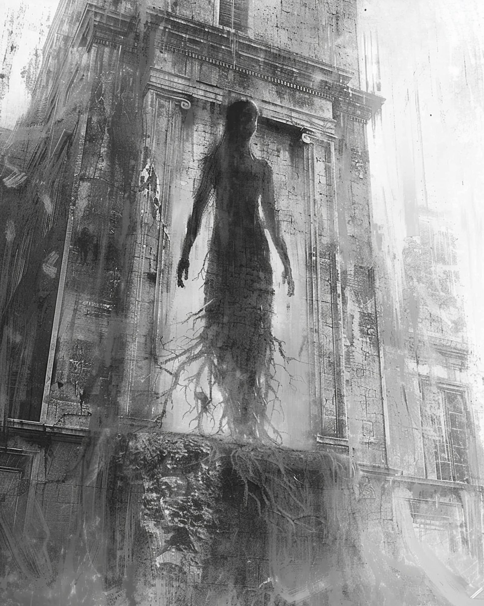 A shadowy figure with tree roots for legs emerges from an ancient, weathered building, evoking an eerie and otherworldly presence.