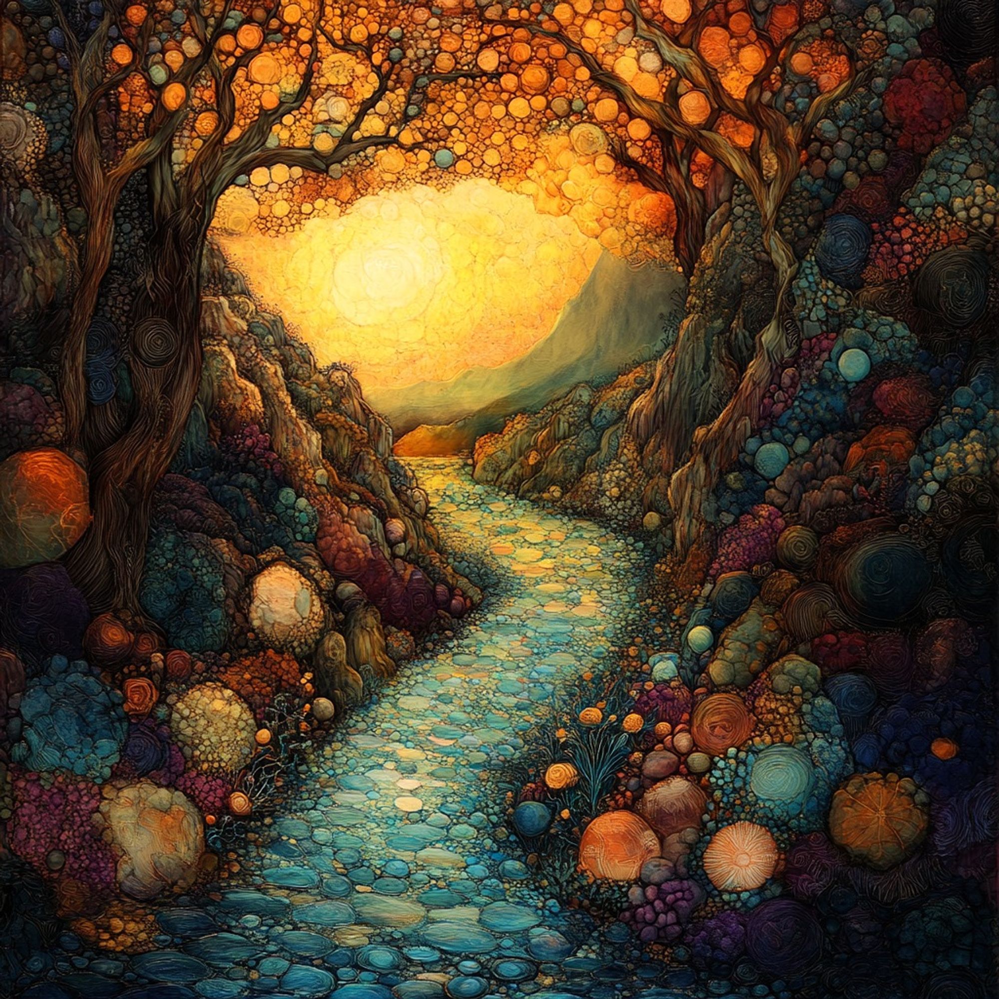 Dreamlike painting of a winding, stone path leading through a colorful, mystical forest, illuminated by a warm, glowing sunset in the distance.