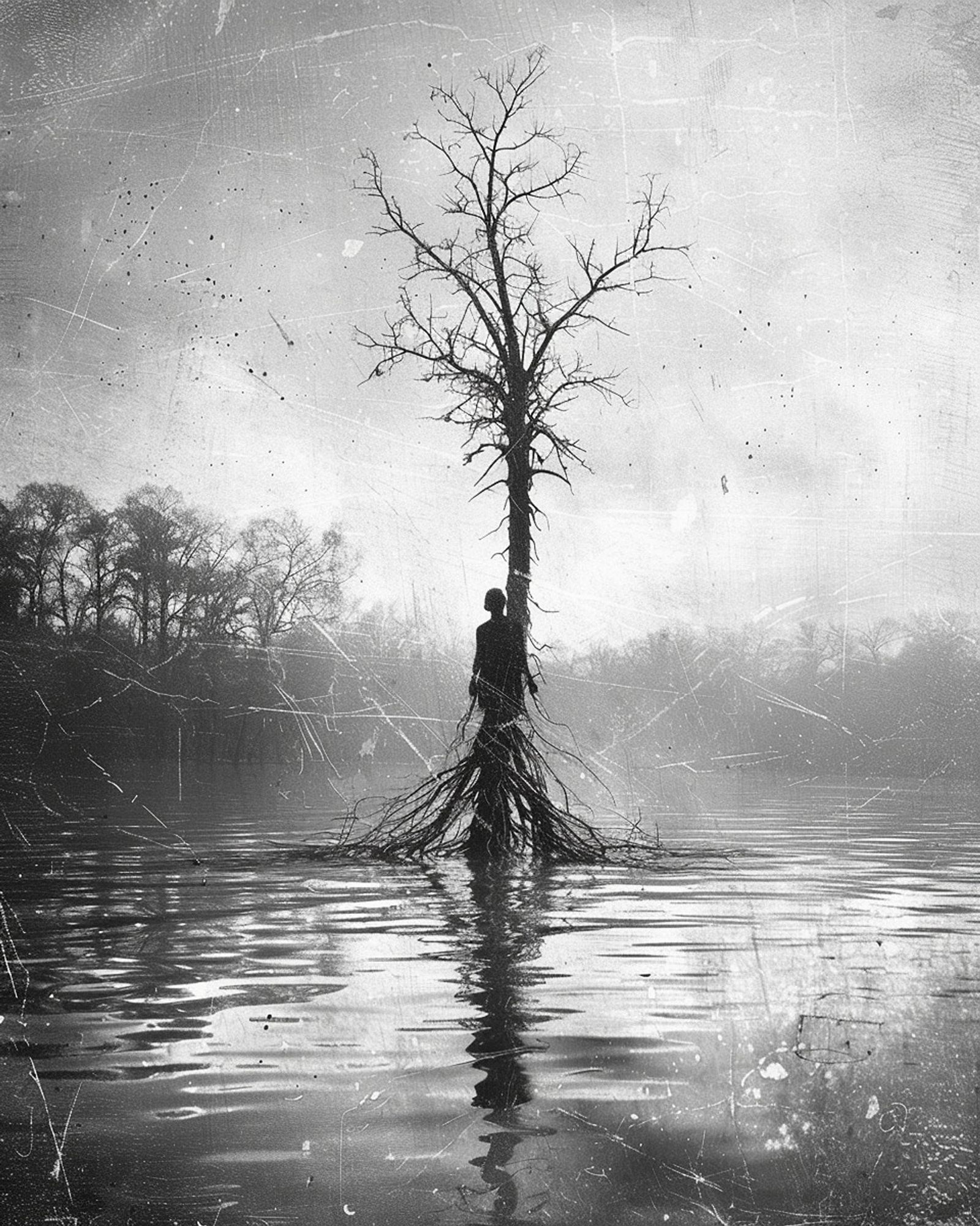 A stark black-and-white image depicting a lone figure merging with a barren tree, their roots entwining as they stand in a desolate, reflective body of water.