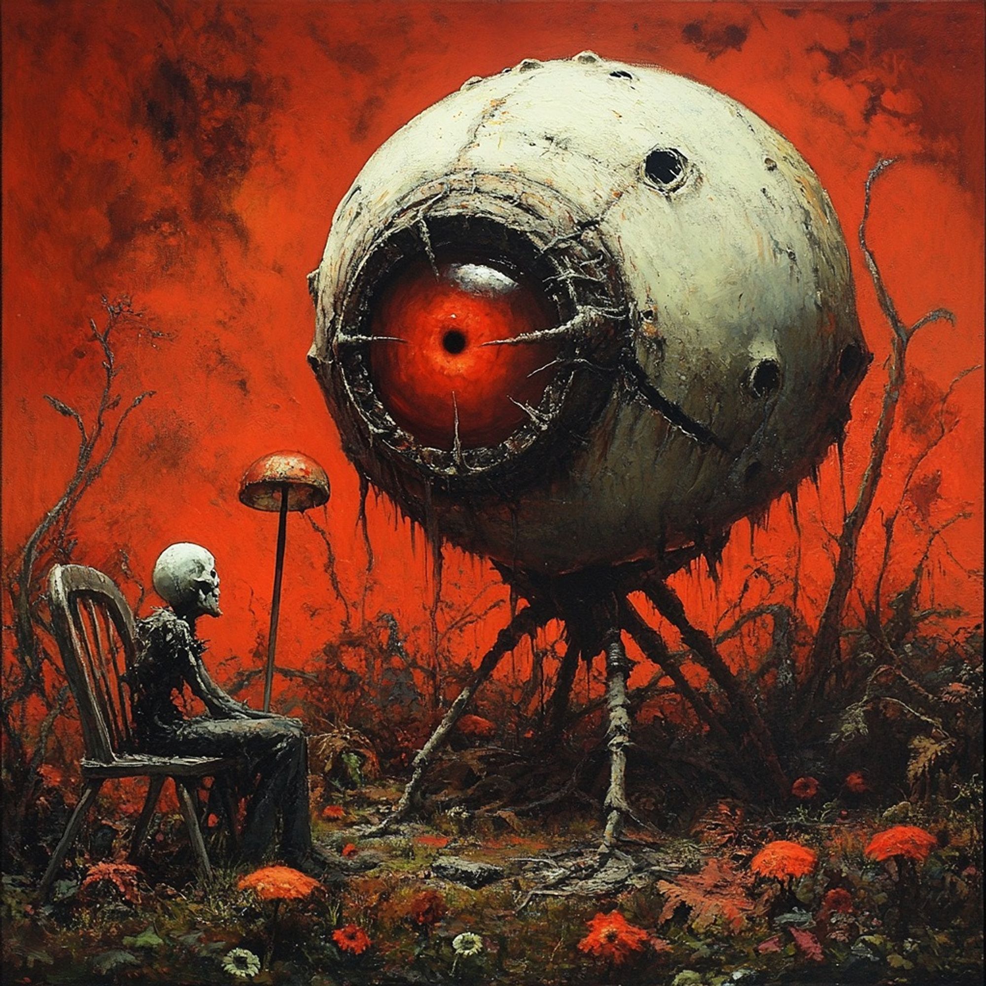 Surreal painting of a skeletal figure sitting in a chair, facing a large, mechanical eye with spider-like legs, set against a red, eerie landscape.