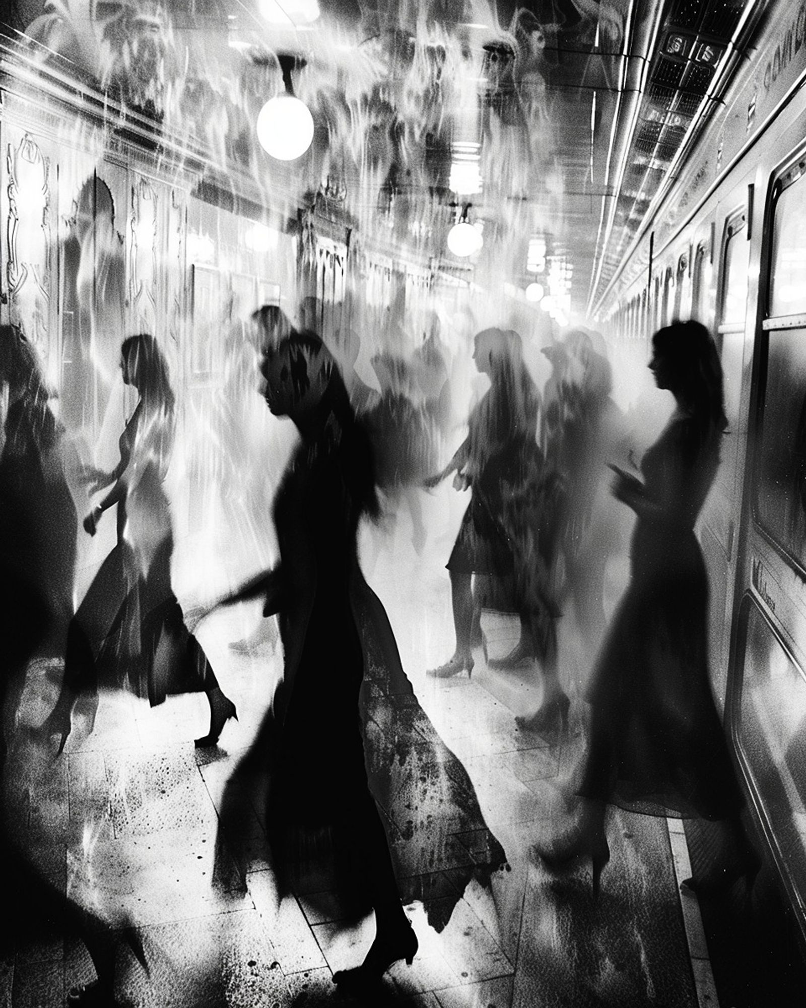 A haunting, black-and-white scene of ghostly figures moving through a dimly lit subway station, their silhouettes blending and fading into the shadows.