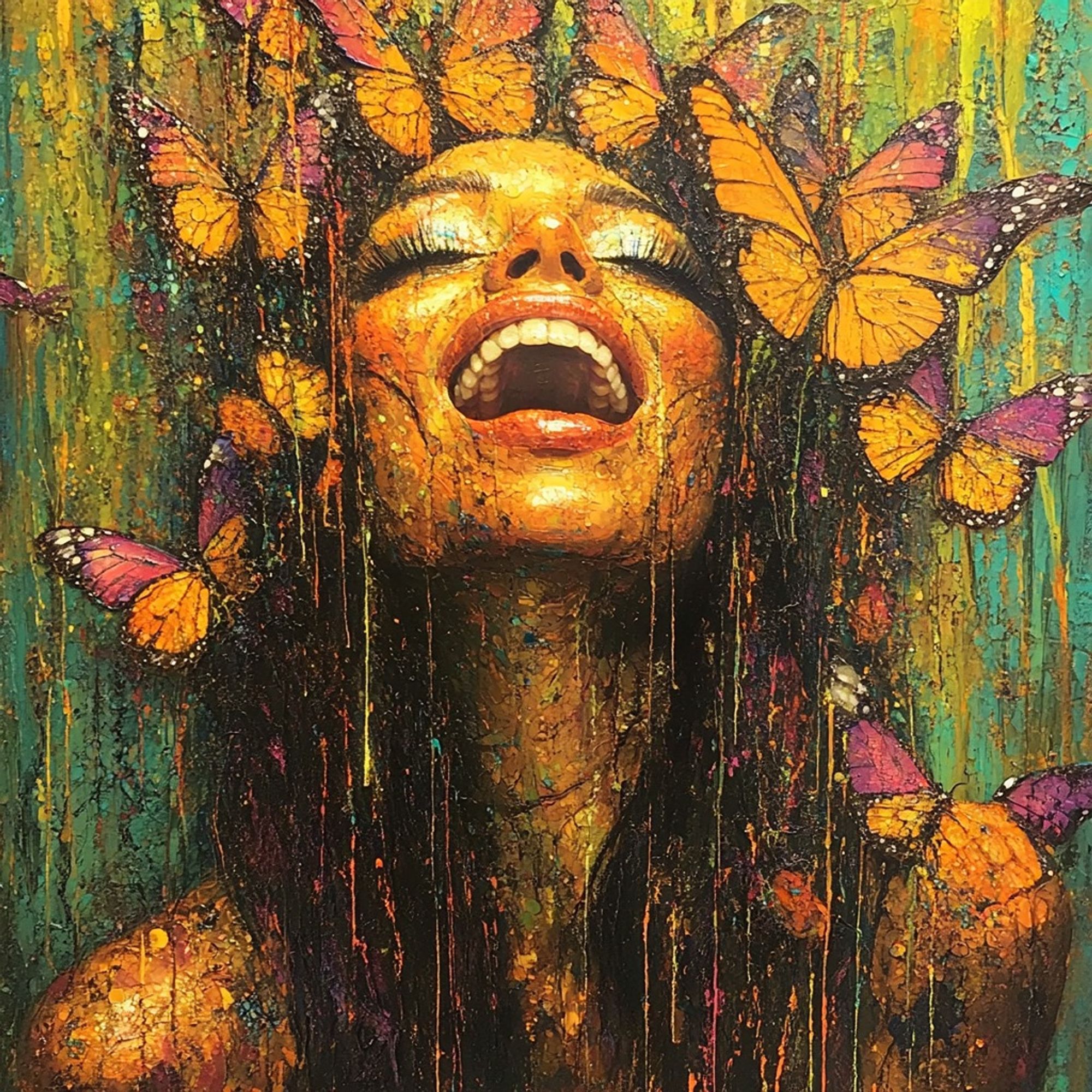 Expressive painting of a woman joyfully tilting her head back, surrounded by vibrant orange and purple butterflies against a colorful, textured background.