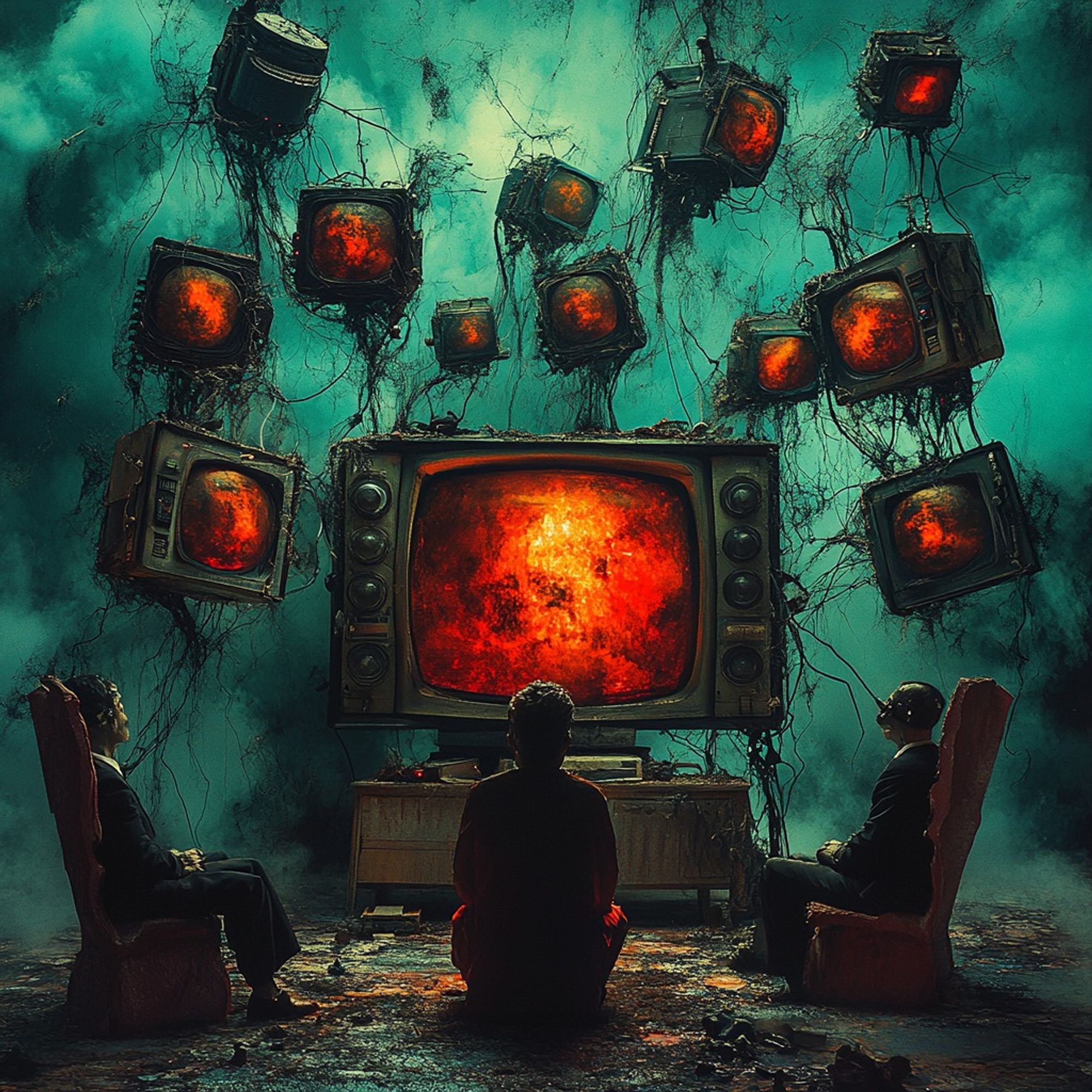 Surreal scene of three people seated around a large, old television displaying a fiery, red image. Smaller, broken TVs float around them, connected by tangled wires in a dark, eerie environment.