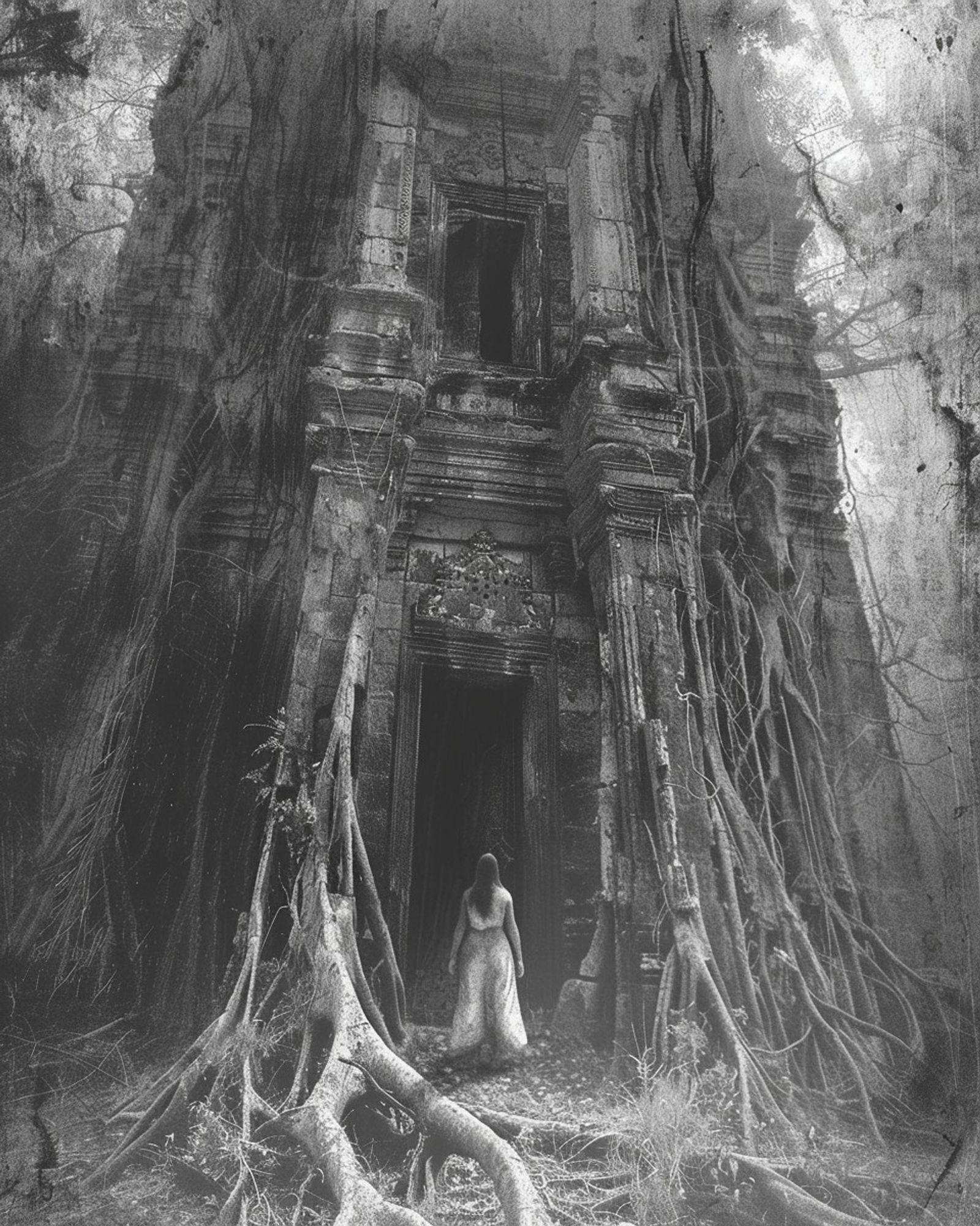 A spectral figure in a white dress stands before a decaying, vine-entwined temple, its roots intertwining with the ancient stone, creating an eerie and haunting scene.