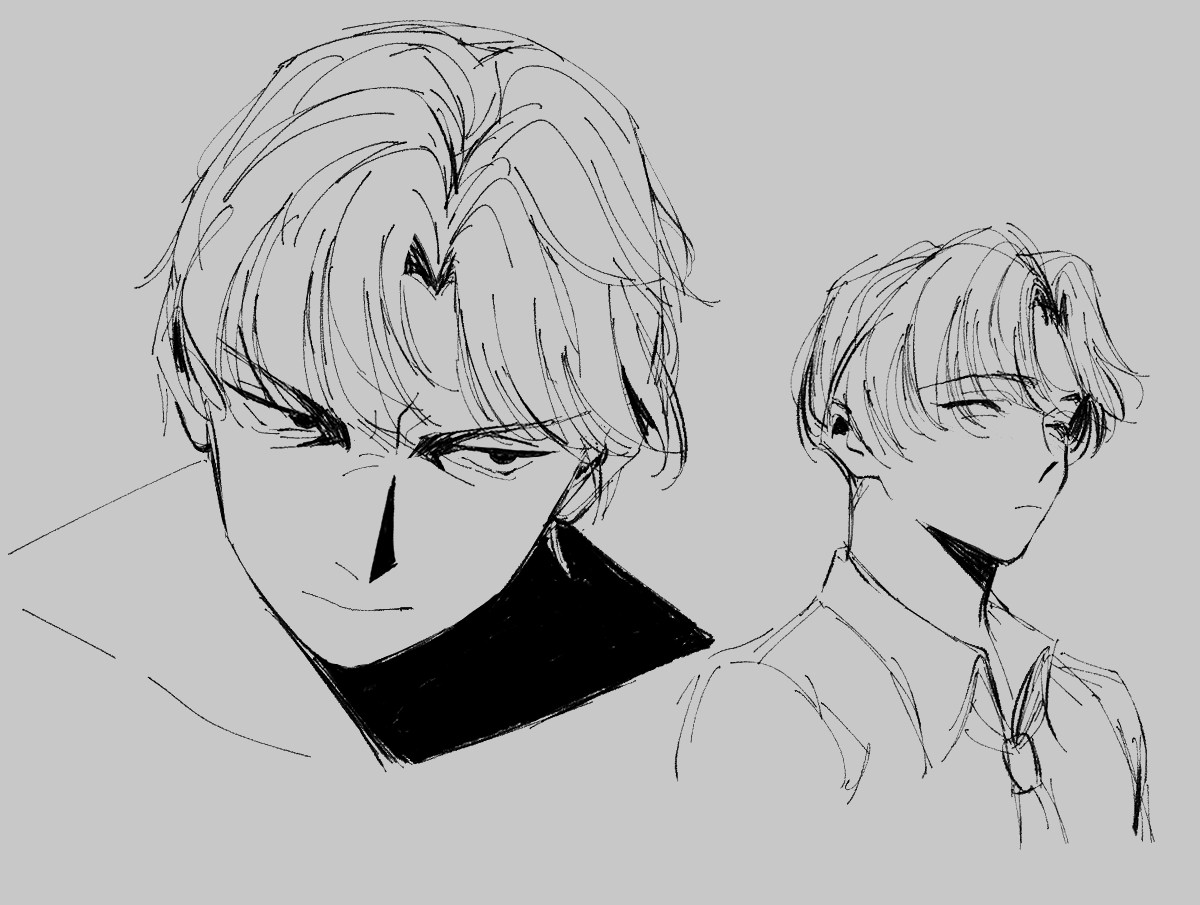 two black and white bust sketches of a man with short hair and long, bangs - very early 2000s middle part. the bust sketch on the left shows the man with his dark eyes open, donning a cruel expression. he doesn't seem to be wearing a shirt. the one on the right shows the man looking into the distance with a blank expression and his closed anime "fox eyes". he is wearing a  button up shirt and a loose tie.