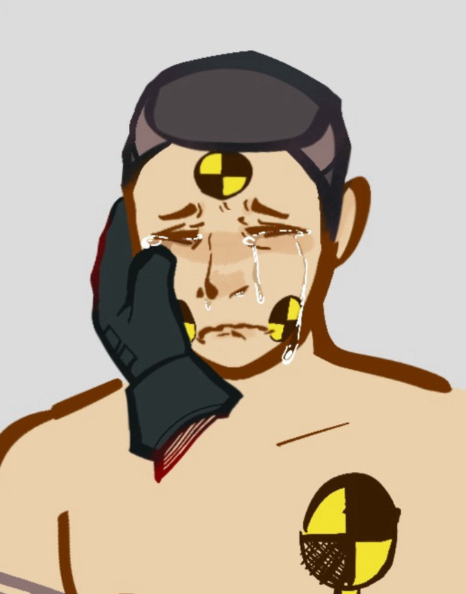 [ID: A drawing of character Solace from Bomb Rush Cyberfunk, visible from the chest up, eyes shut and crying. His mouth is crinkled into a wavy line, and there are tears falling from both his eyes, as well as some snot running from his nose. The background is light grey. Solace's head is slightly downturned, and a hand possessing Red's glove is comfortingly caressing his right cheek. /End ID]