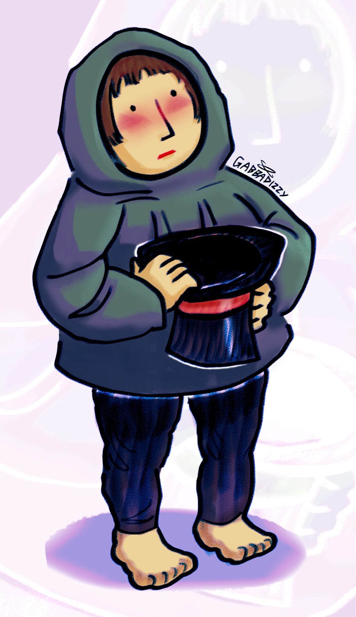 [ID: A drawing of character Jack from LISA: The Painful, with a neutral face, but also a blush that would imply shyness or embarrassment. He is standing idly, looking up past the viewer, with his magic hat held in both hands. The background is a barely visible "reverb" of the original drawing, but is otherwise light lavender colored. The whole piece has a pencil-drawn texture, and Jack has a soft dropshadow beneath him. /End ID]