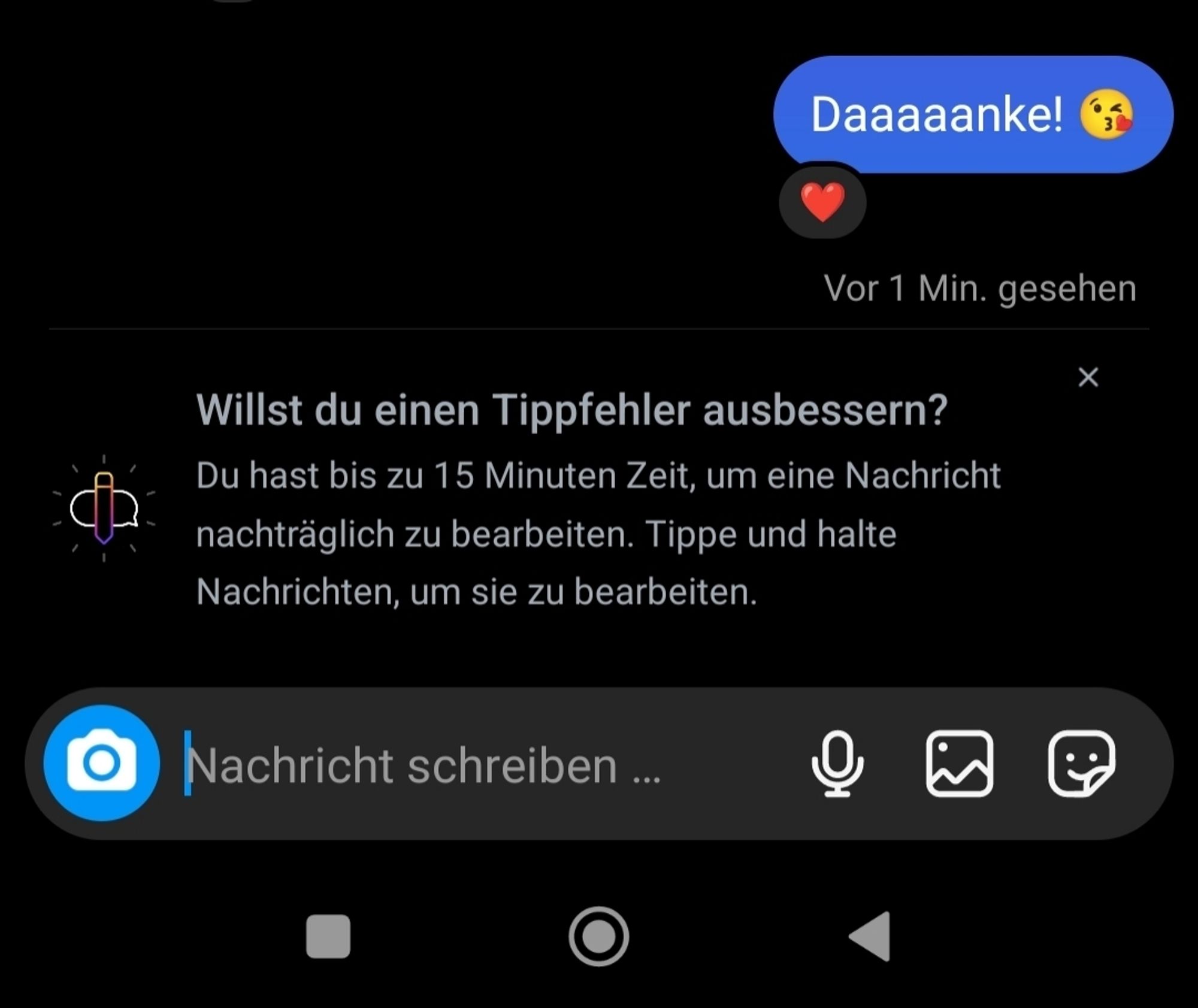 Screenshot. Ista gibt die Möglichkeit, die Rechtschreibung zu korrigieren. Zuvor hatte ich geschrieben: Daaaaanke!