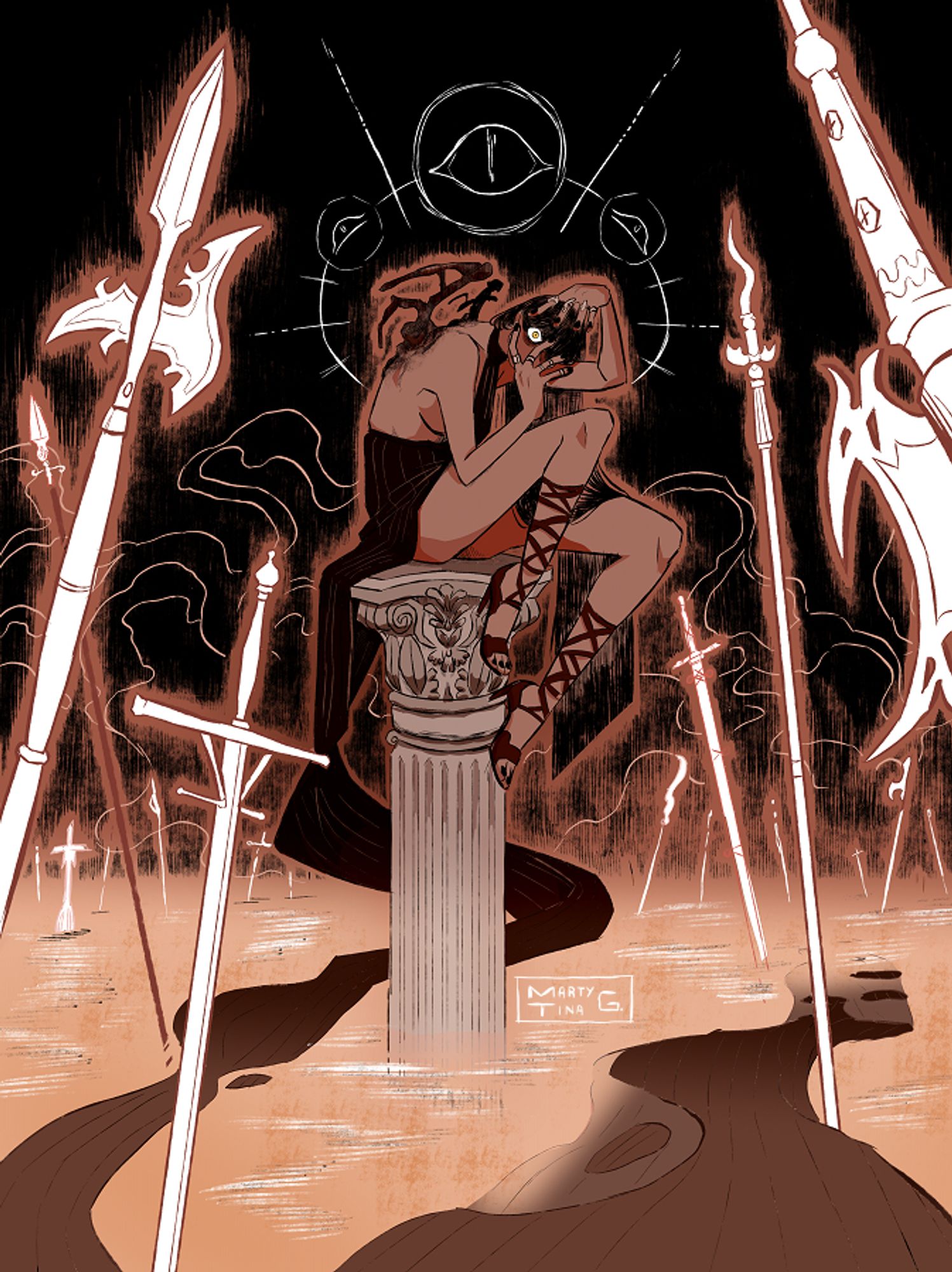 A digital illustration of a woman perched on a greek corinthian column submerged in water. The woman is wearing long robes that falls down into the water. She has wings that appear to have been burned out to their skeletal stubs and is looking directly at the viewer, hiding parts of her face with her hands with an unsettling expression. Around her, there are weapons sprouting out of the water as if she was standing in the middle of a battlefield.