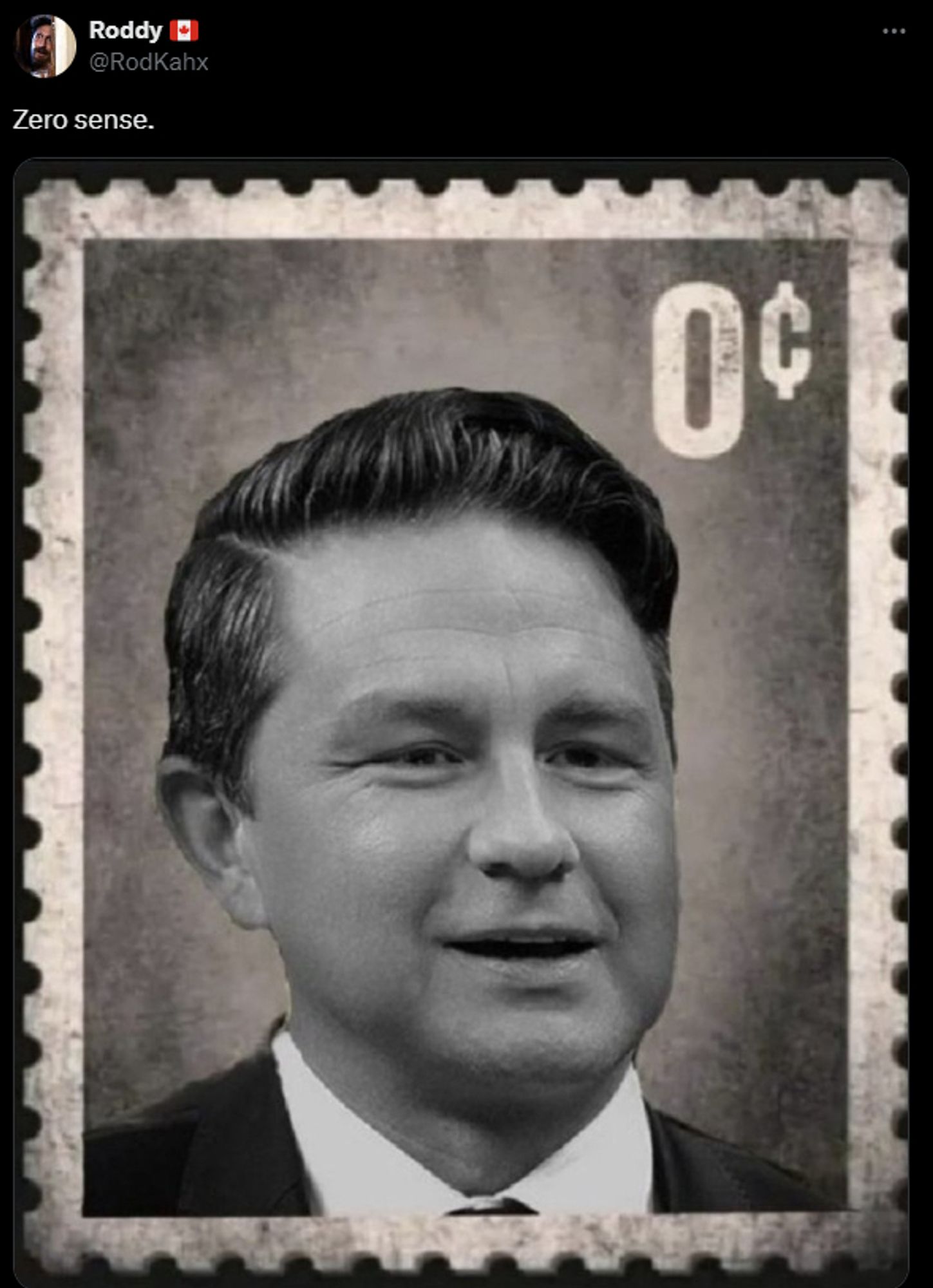 a post from x showing pierre poilievre on a stamp which shows 0 cents in the upper corner