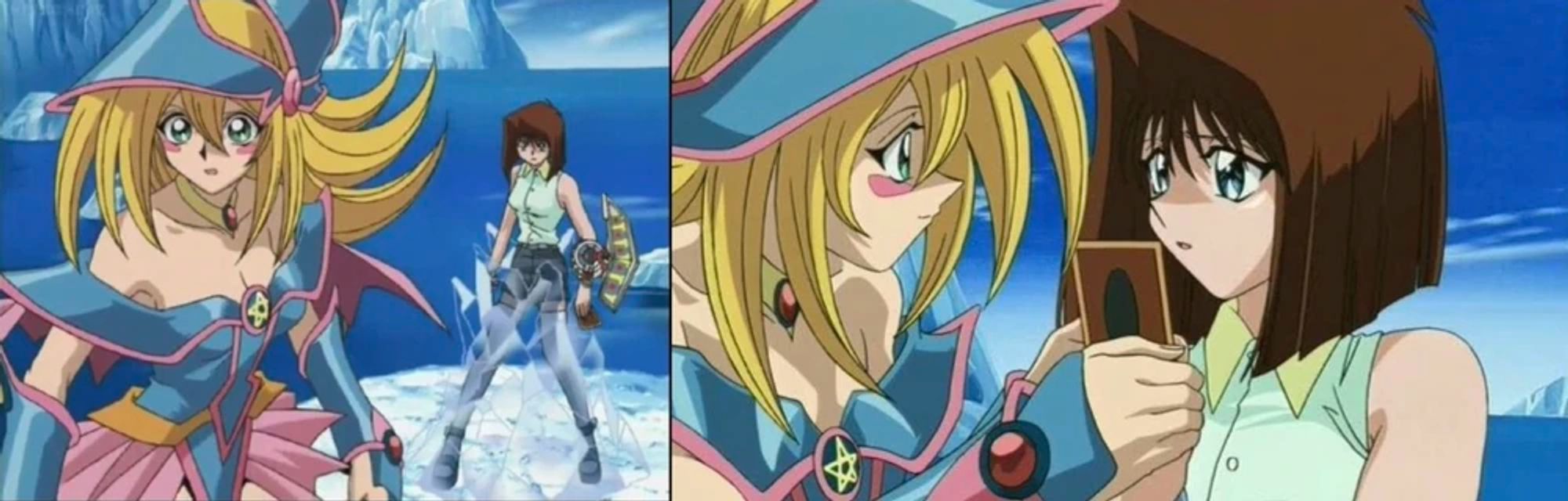 from yugiowiki fandom wikia
"Dark Magician Girl supporting Téa as her Deck Master in the duel against Crump."