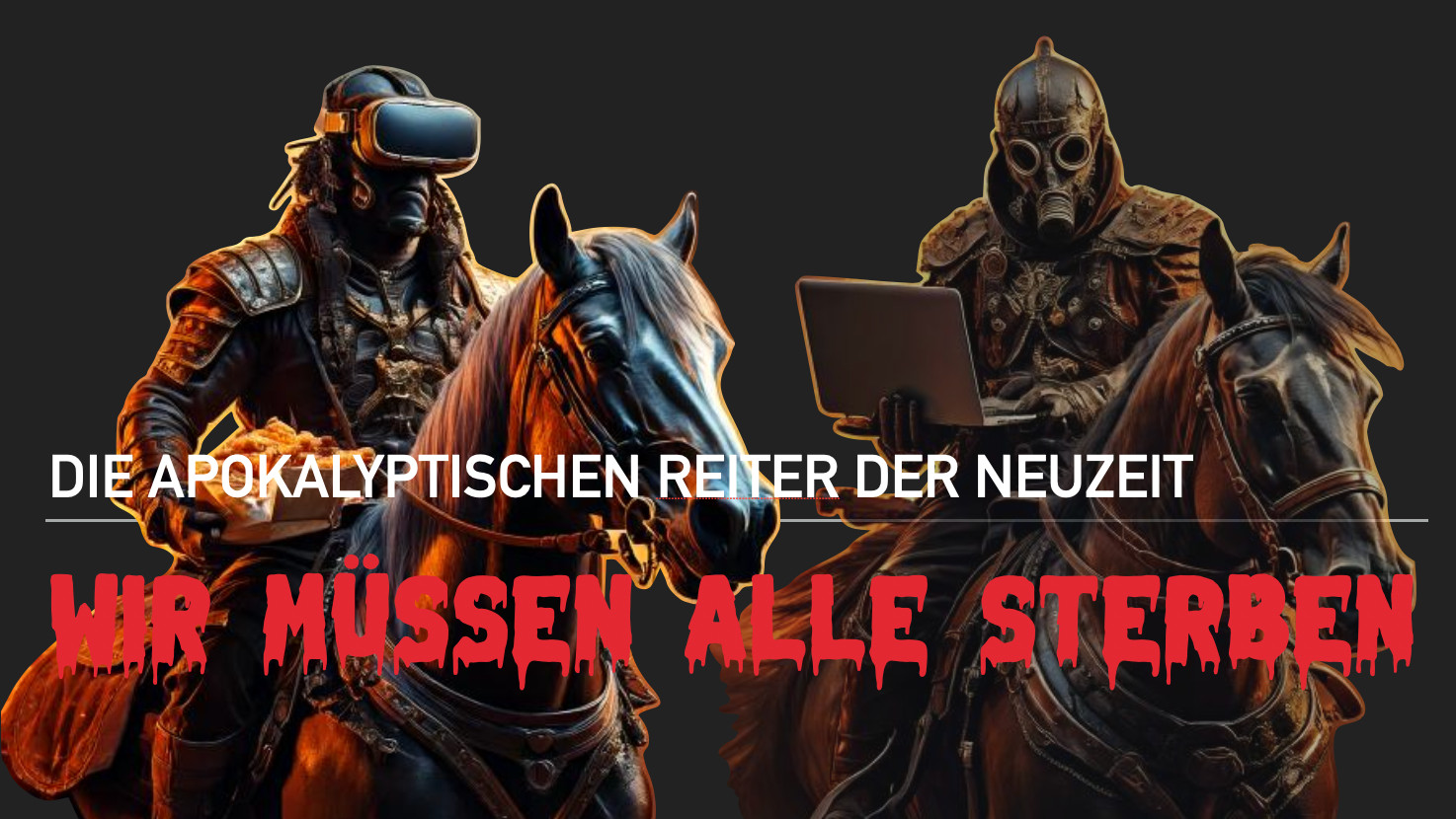 Zwei Apoklayptische Reiter. Der Eine hat eine Gasmaske auf und hält einen Laptop, der Andere eine AR-Brille und eine Hungry Man Portion Chicken Nuggets.