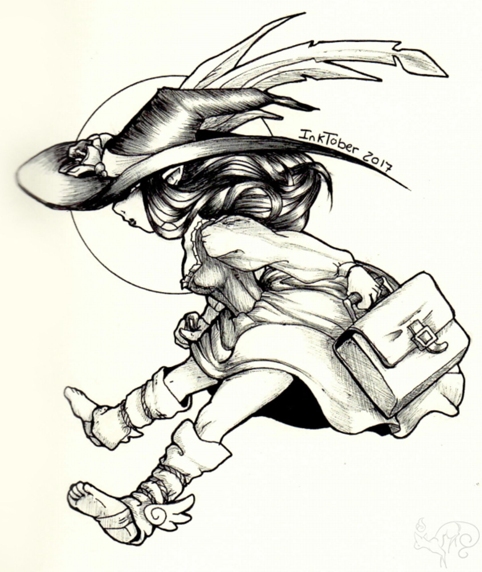 2017 ballpoint pen and ink drawing of a witch getting around without a broom. Don't know where she is going but she is going there fast.