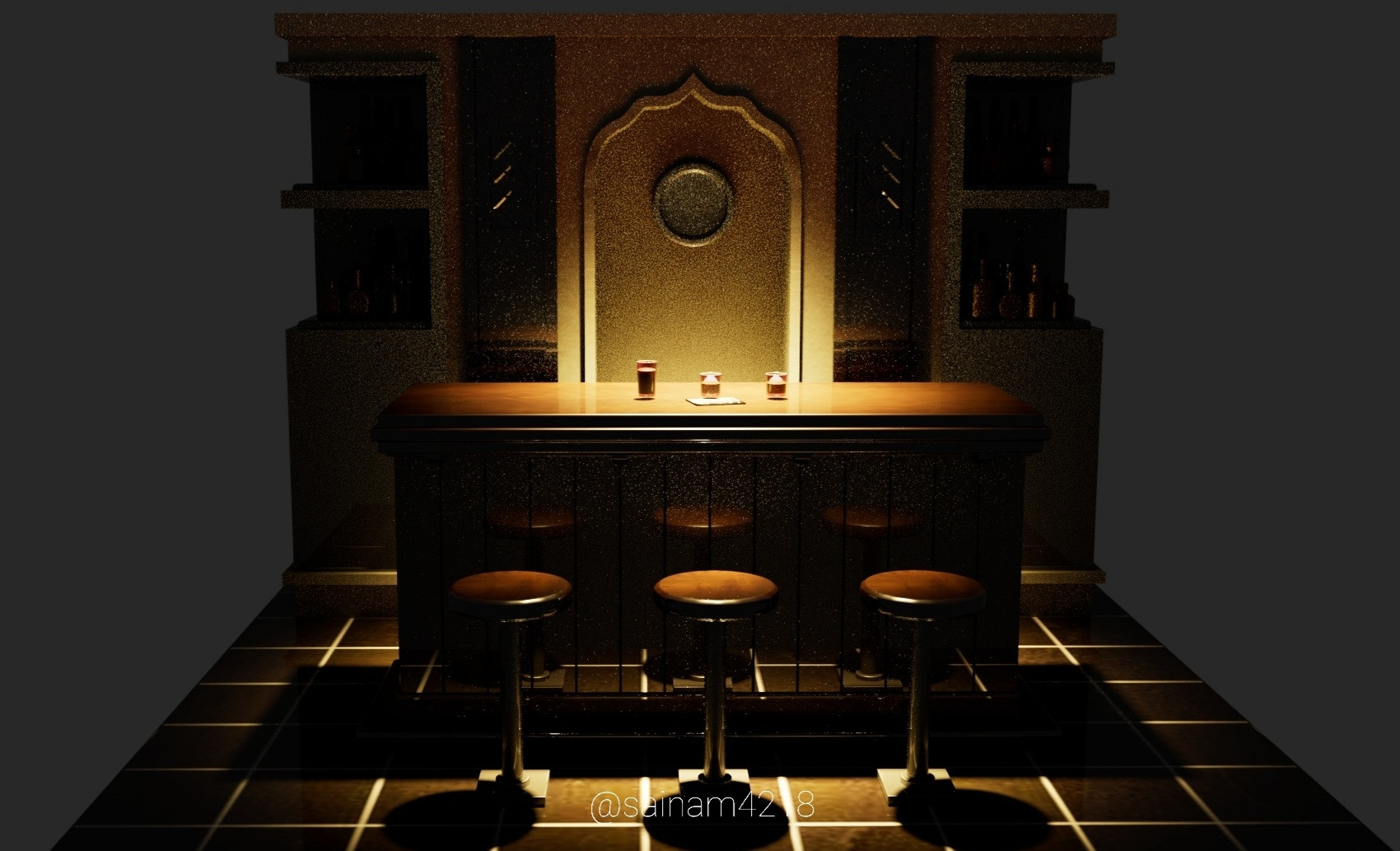 A picture capture from lupin bars 3d model from the front view. There is a shelf at the back, small bar with three glasses in the middle, and three round chairs on the front. a golden light shone at the center.