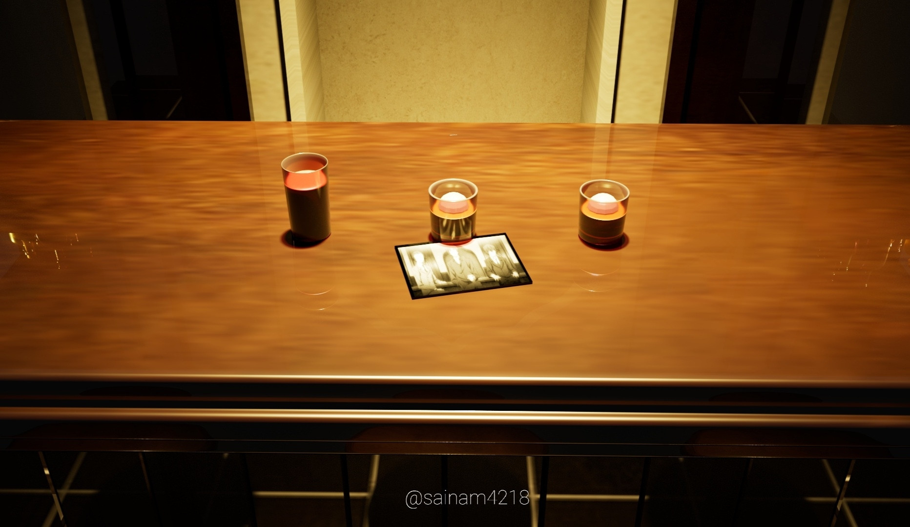 A picture capture from lupin bars 3d model, zoom in to three glasses with drink inside.(from left to right, Ango glass's(tomato juice) Dazai's glass and Odasaku's glass(both with liqour with circular ice). The picture of buraiha is placed under Dazai's glass.