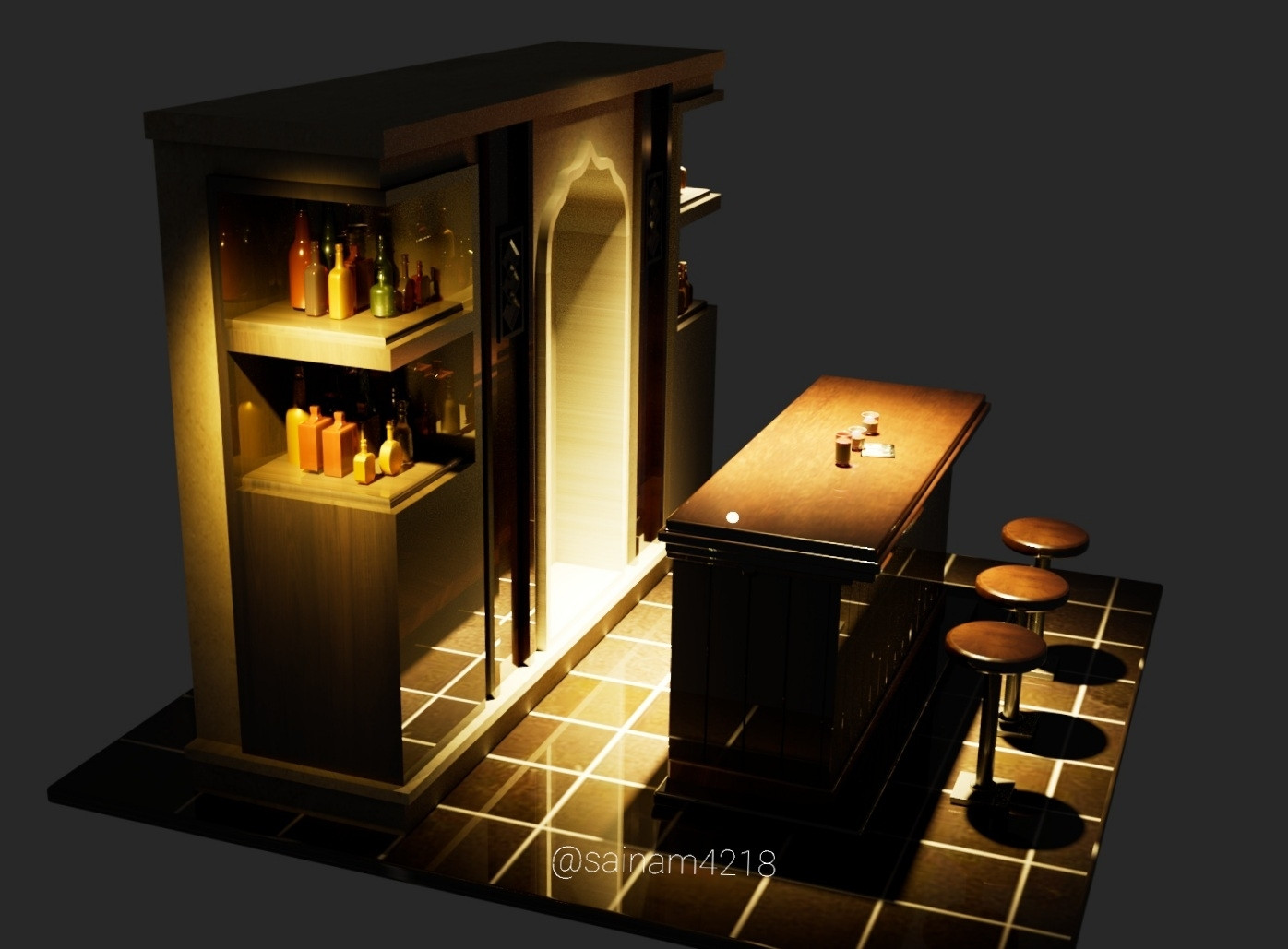 A picture capture from lupin bars 3d model from side view. A light shone on the back shelf, revealing various shaped bottles arranged on it.