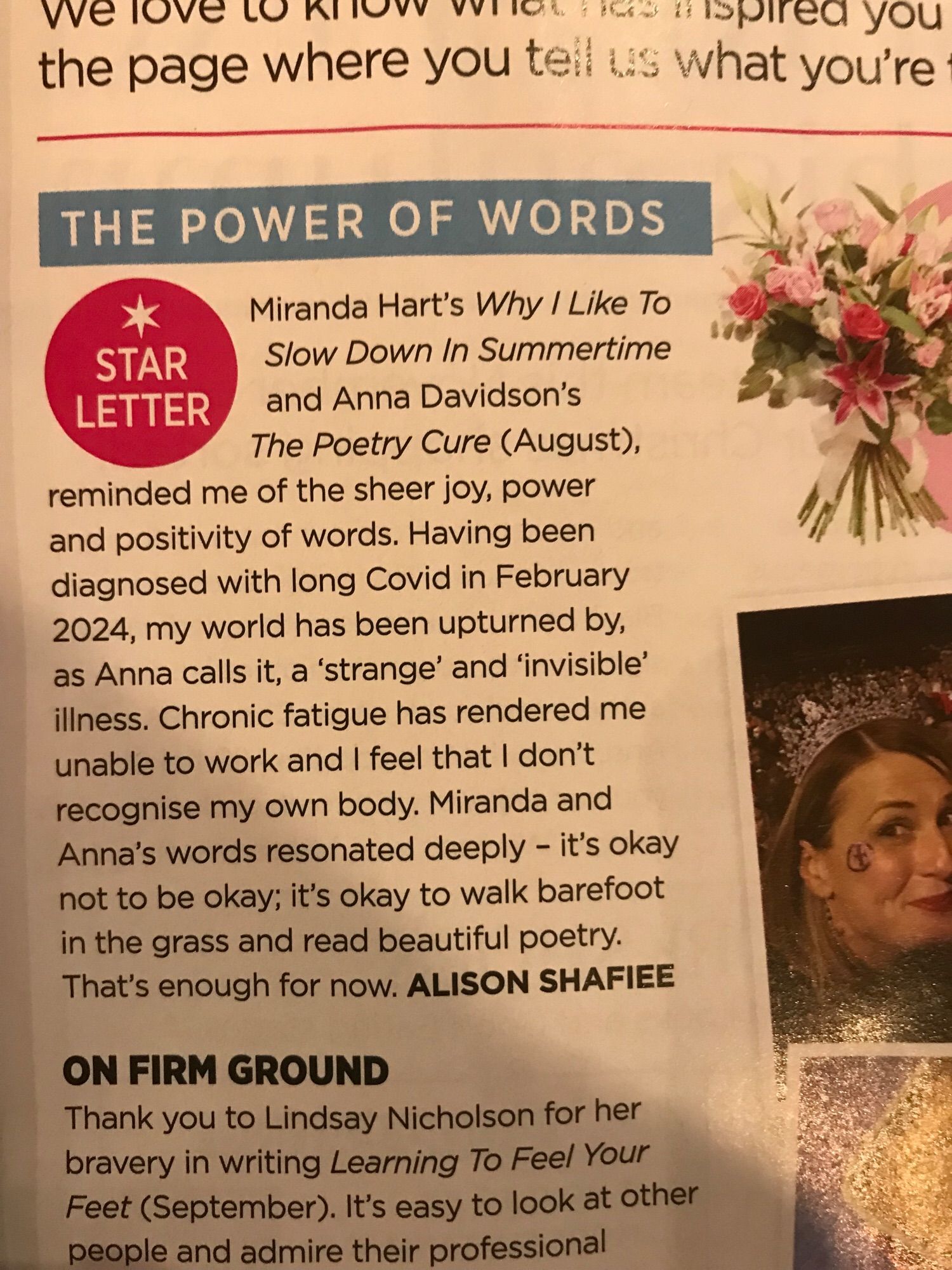 ‘Star letter’ from letters page of Good Housekeeping praising my recent article on poetry and long covid.