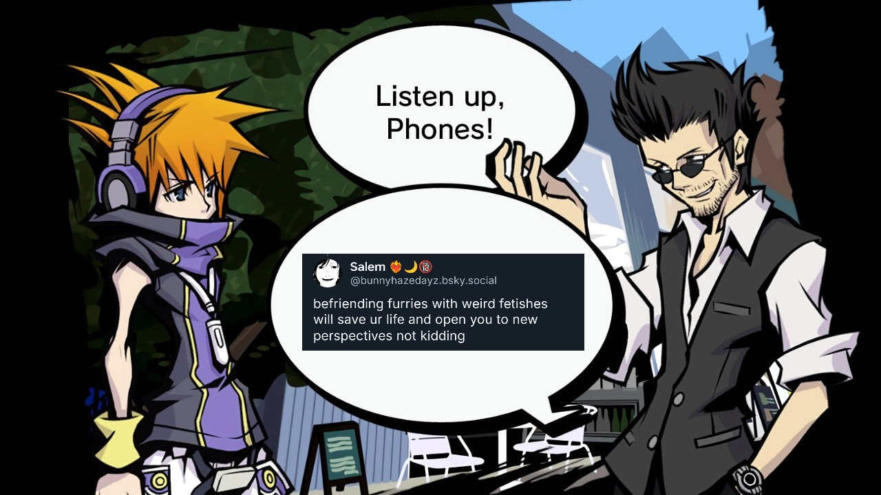 That part in The World Ends With You where Mr. Hanekoma teaches Neku the importance of making friends, but with the text replaced by Salem's post.