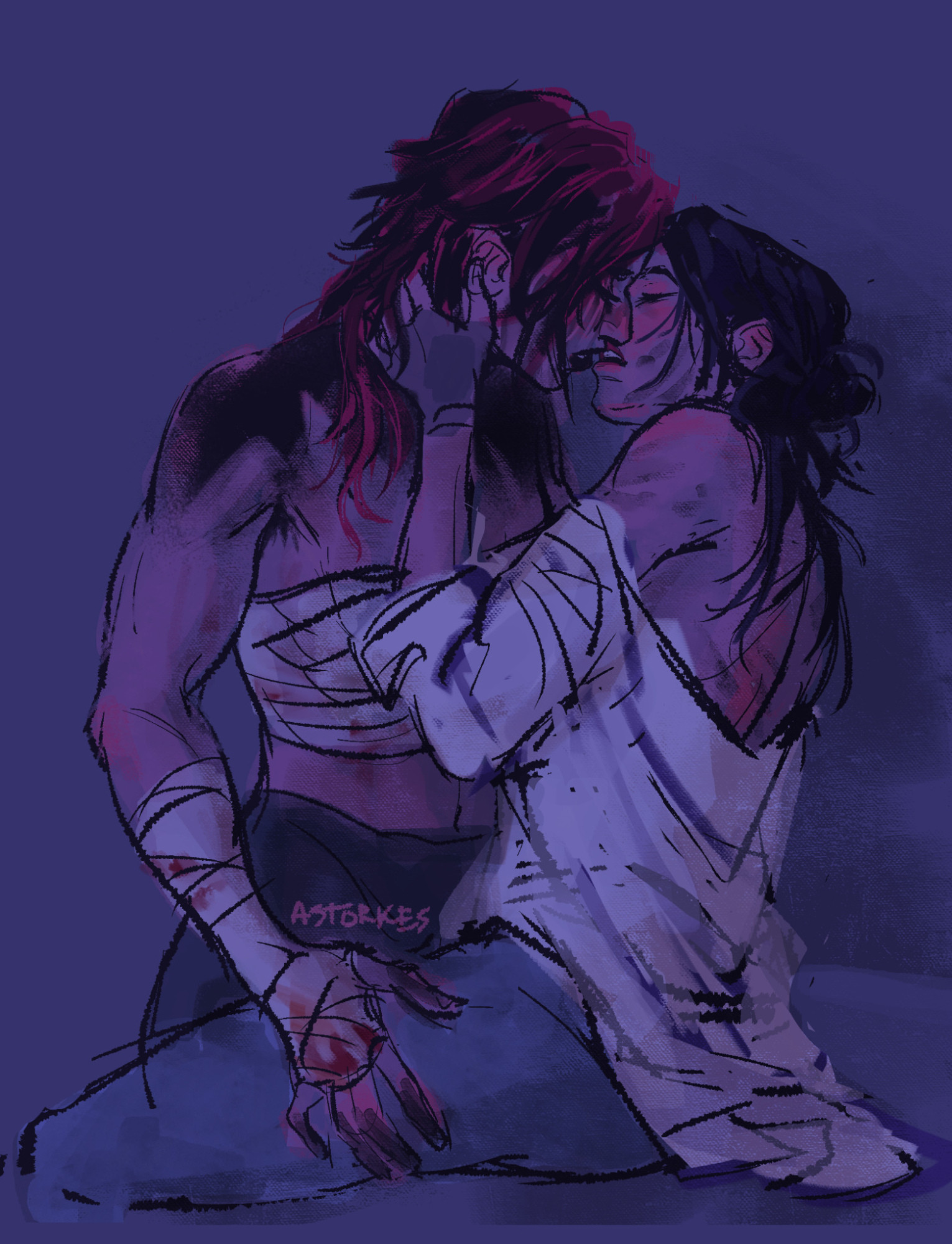 CaitVi fan art by @astorkes. shows pit fighter Vi on the edge of a kiss with Cait, who's white blouse falls loose around her shoulders. she sits, Vi hands on her, her head tilted up. both their eyes are closed. their lips are on the verge of meeting. Vi's shoulders are smeared with black. pink shows thru the black of her hair. Cait's bun is messy, coming undone. one hand holds Vi's face. the colors are dark, moody. the line work evocative of charcoal figure drawing