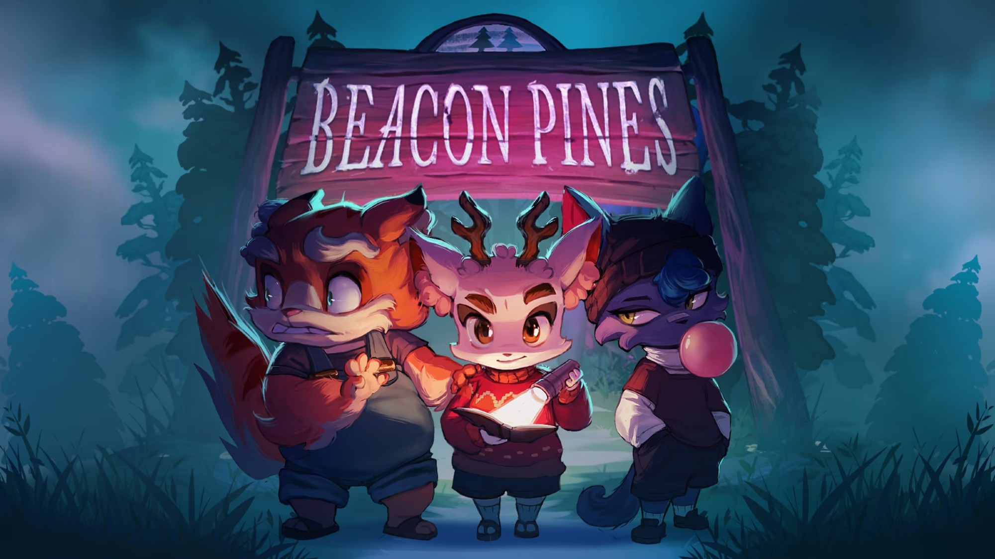 Beacon Pines. A cat boy, deer boy, and a cat girl stand outside in the forest in the dark in front of a town sign welcoming people to Beacon Pines.