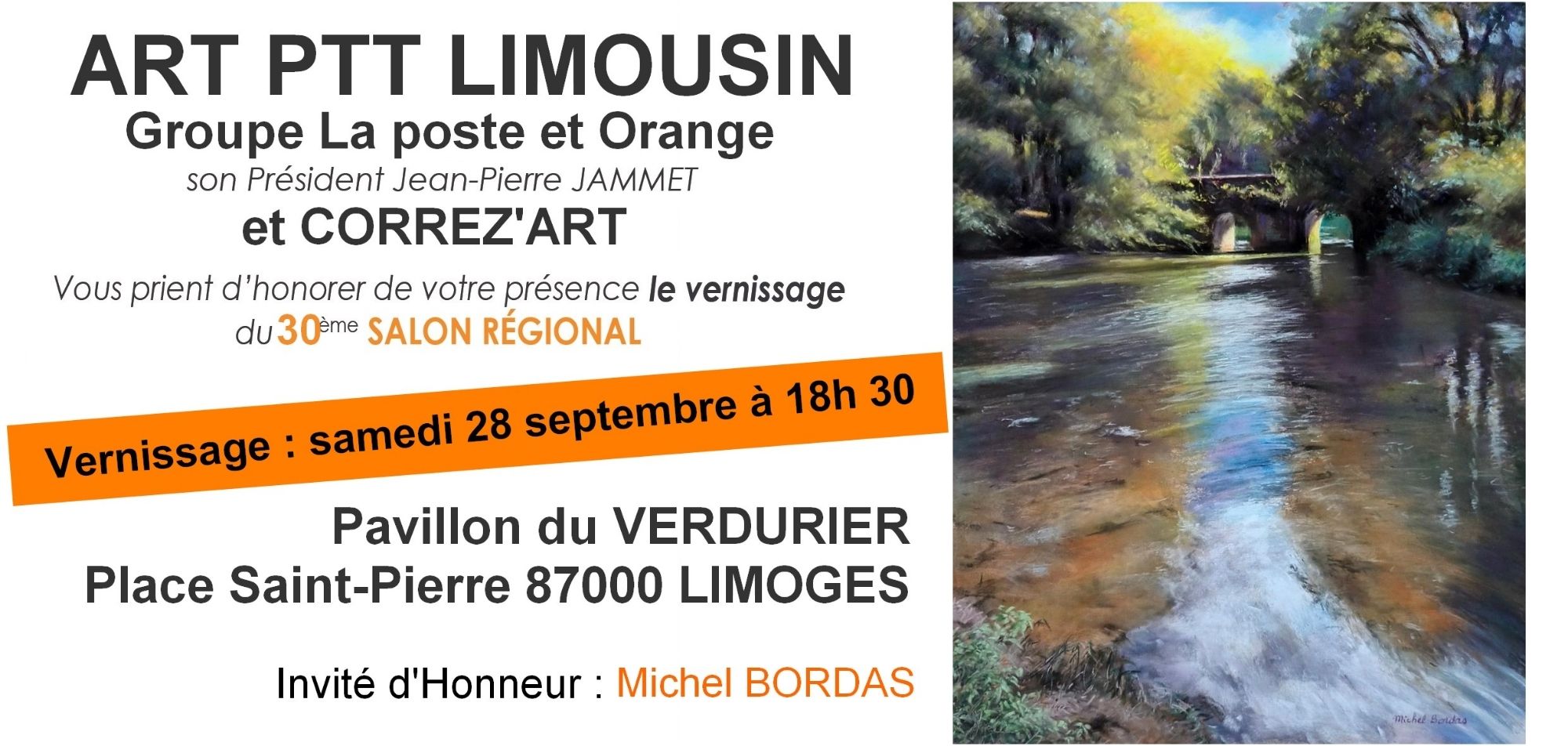 Carton d'invitation annonçant le vernissage d'une exposition d'art à Limoges, au pavillon du Verdurier, le 28 septembre à 18h30