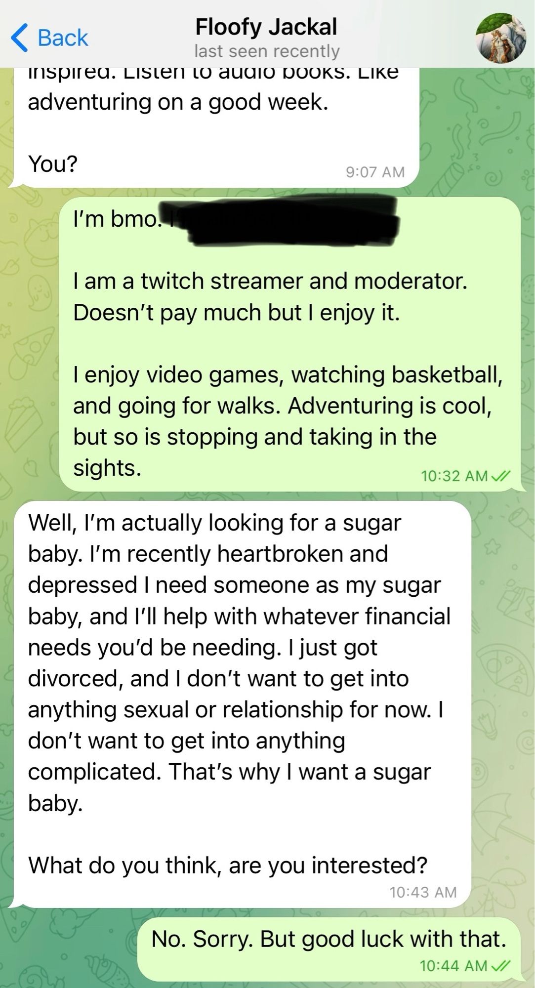 Image 2.

Scam message in telegram. Scammer says they’re looking for a sugar baby to spend money on but only if you give them your personal information.