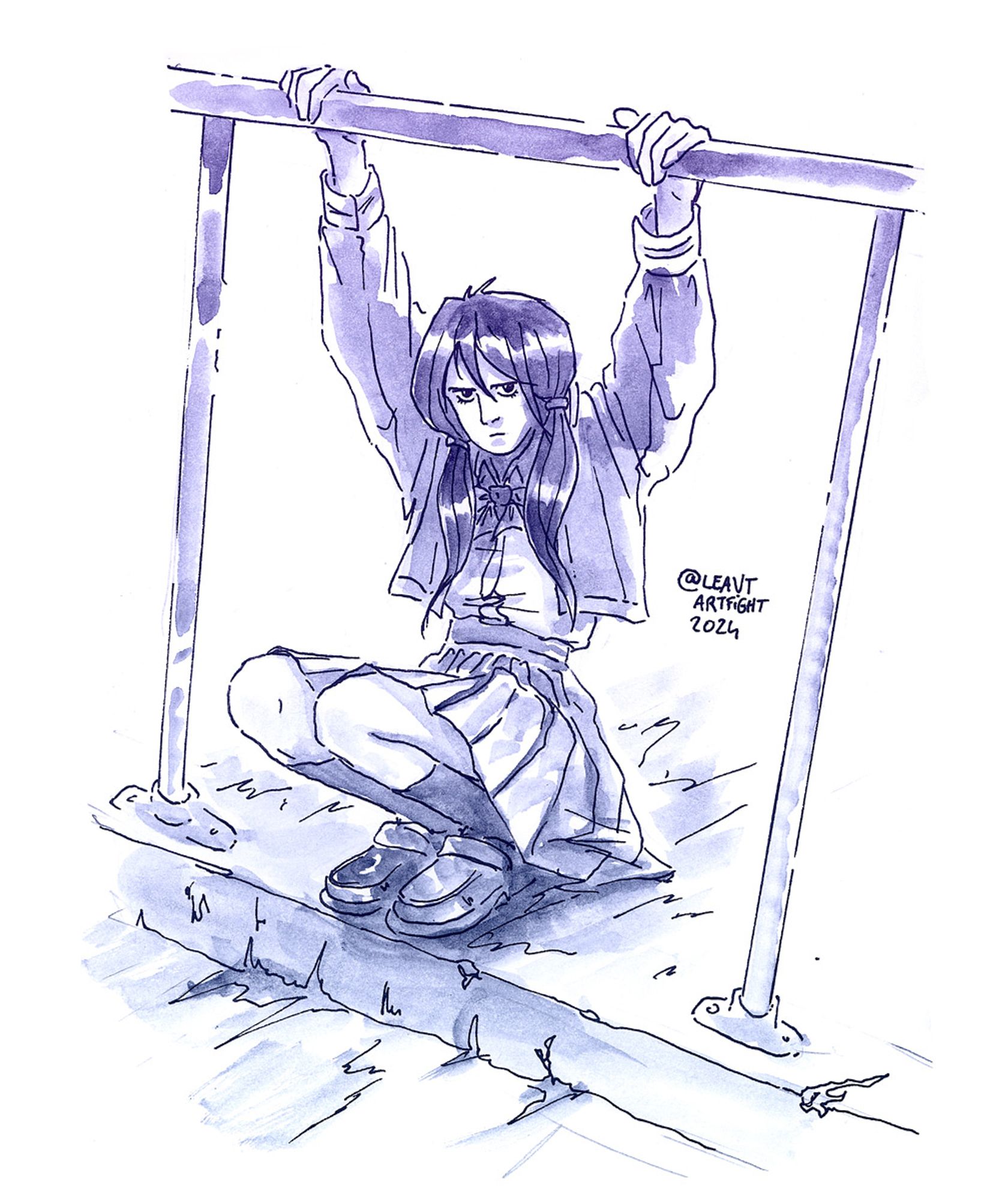 "a monochrome watercolour illustration of Billie, a school girl in uniform with long dark hair and strong stare. She is crouching under a railing while holding the bar for support. She looks like she would kill you with that stare"