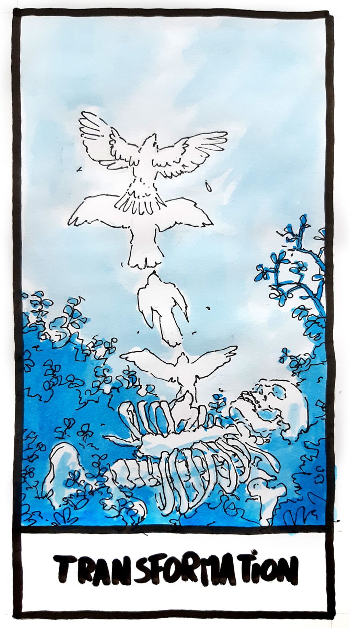 "a blue watercolour illustration of a human skeleton lying down in the vegetation and a bird flying out of its chest."