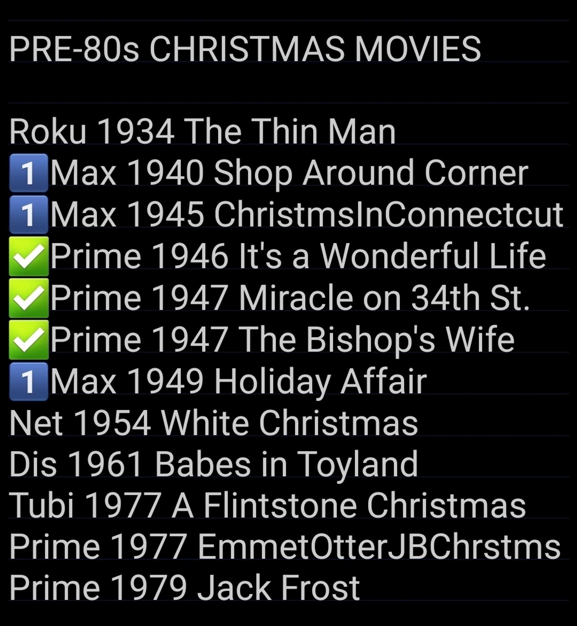 A checklist of pre-1980s Christmas movies available to watch in 2023 via their various listed streaming platforms, with a few items already marked off.