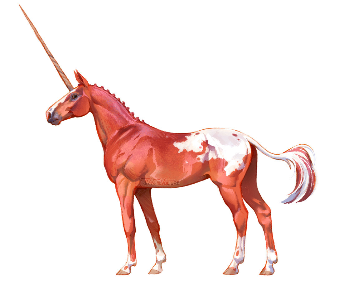 Digital painting of a reddish-orange-brown unicorn with white spots on its rump. It is standing facing left. It most resembles a chestnut horse with a braided mane and a short tail with a long tuft at the end. It has a long horn and its coat is glossy. 