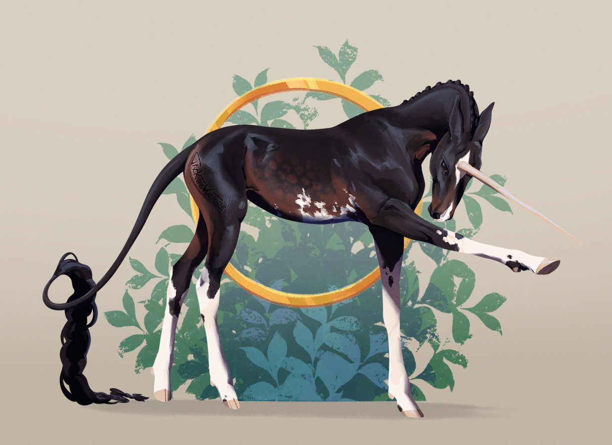 Digital painting of a dark unicorn with a glossy coat and white markings on her legs, belly, and face. She has a long horn, a tightly braided mane, and a loosely braided tuft on the end of her tail. She stands facing right with a front leg raised. Behind her is a gold ring, and behind that is a bunch of green leaves. 