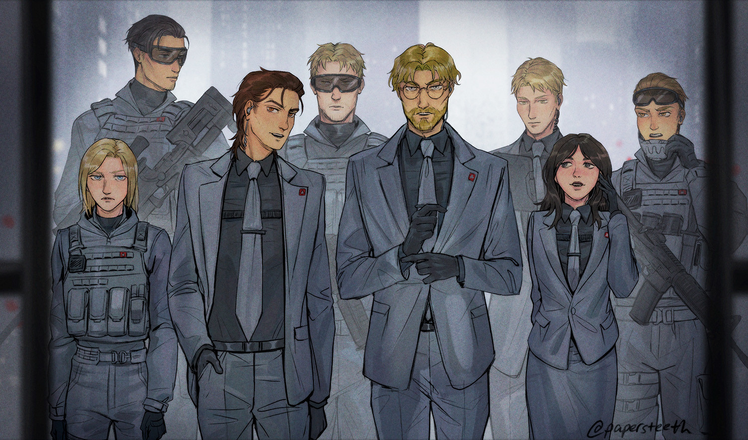 Modern AU of the warriors unit from my hitmen/private military AU story. The rainy scene features the young adult appearances of (from left to right) Annie Leonhart, Bertholdt Hoover, Marcel Galliard, Reiner Braun, Zeke Jaeger, Falco Grice, Pieck Finger, and Porco Galliard in their respective specialty gear/suits, walking seriously towards the viewer where an implied building's opening doors frame their entrance. 