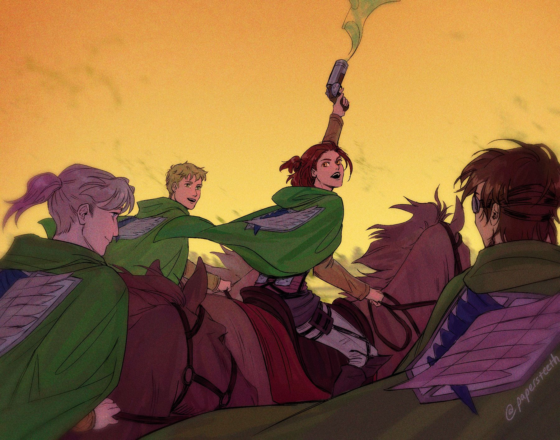 A role reversal AU of (from left to right) Zophia, Falco Grice, Gabi Braun, and Udo as scouts riding on horseback for the Scouting Legion on an expedition. Everyone is looking admirably at Gabi proudly firing a green flare from her gun into the golden setting sun backdrop.