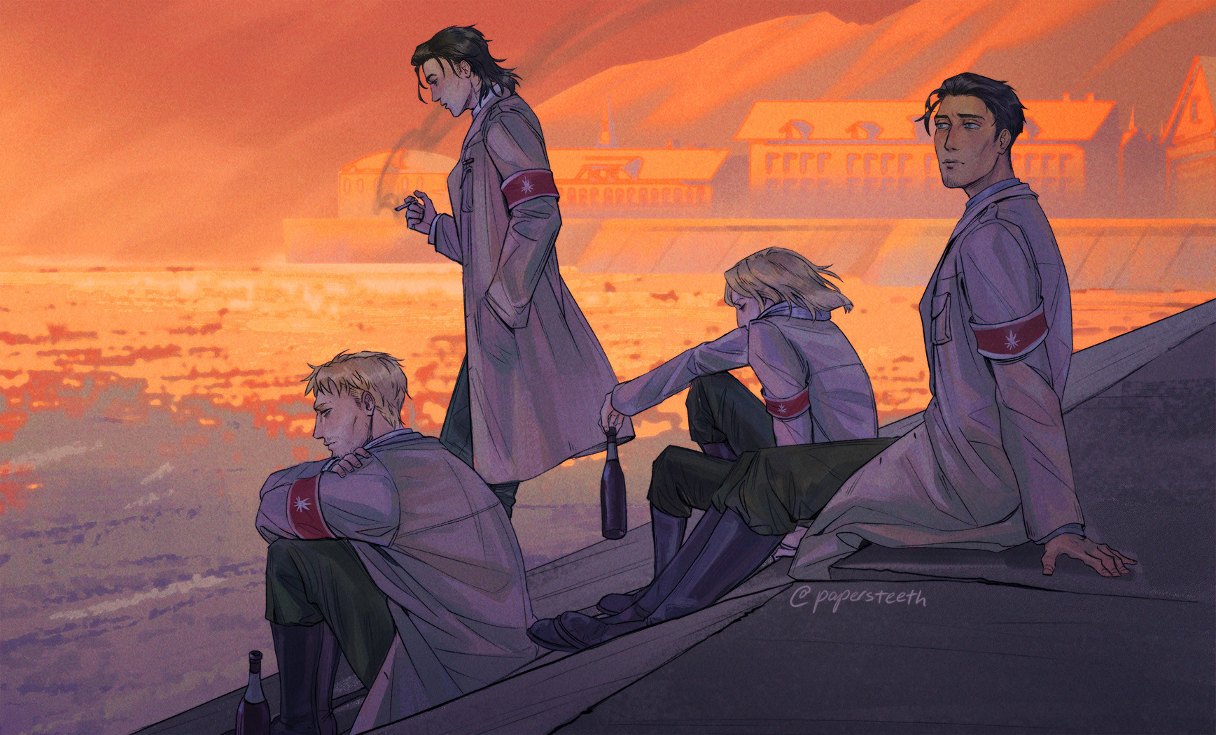 A Canon Divergance AU of Marley's Paradis Infiltration quartet(from left to right), Reiner Braun, Marcel Galliard, Annie Leonhardt, and Bertholdt Hoover, sitting on a wharf overlooking the sea with the city in the background. The group is drawn in their presumed Season 4 ages sitting somberly in shadow as the sunset paints the landscape behind them red. 