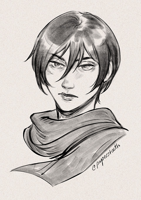 a black and off-white, loose sketch portrait of Mikasa Ackerman from the series Attack on Titan.