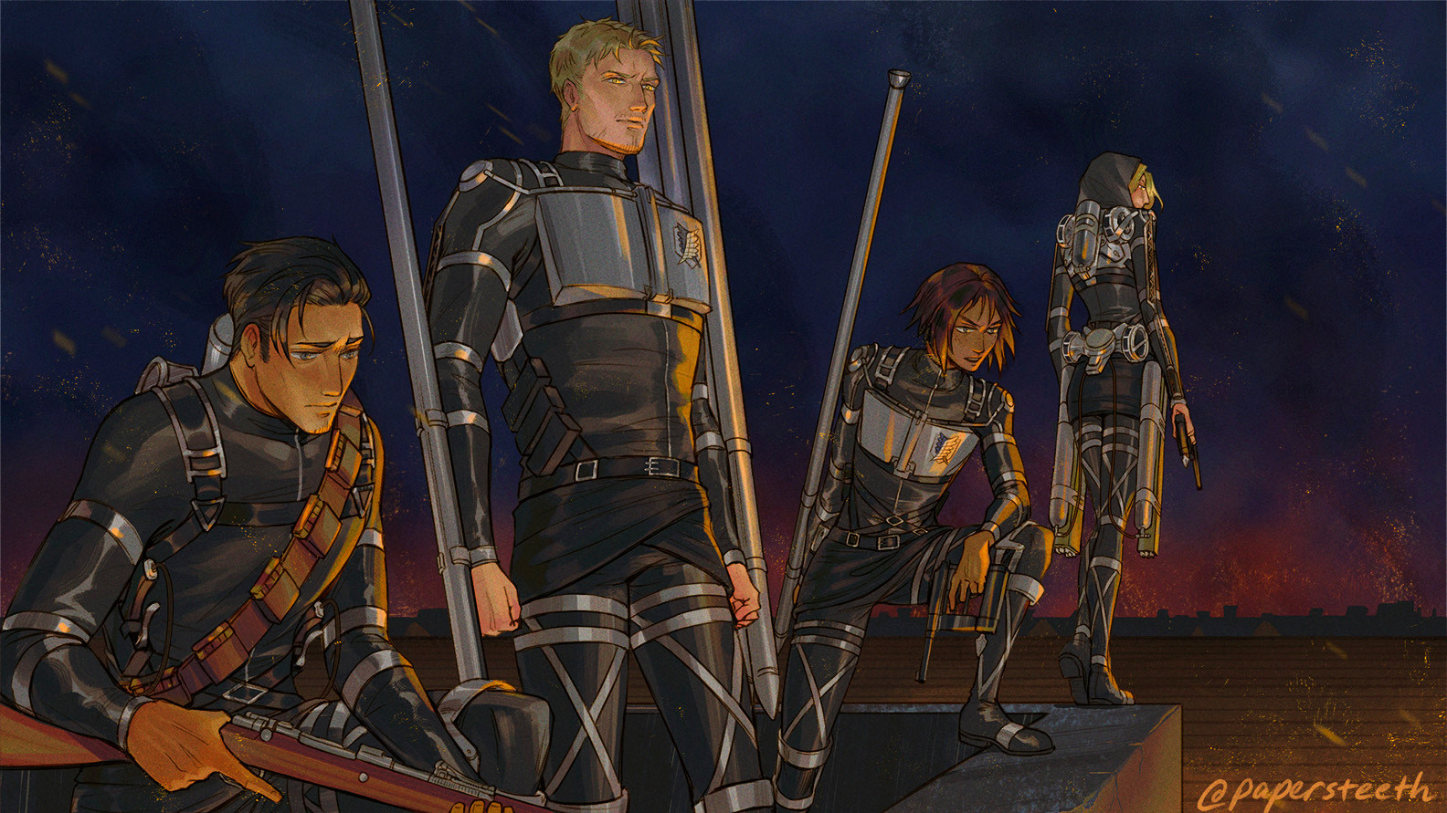 Canon Divergence AU scene of the Raid on Liberio, but if (from left to right) Bertholdt Hoover, Reiner Braun, (104)Ymir, and Annie Leonhart stayed and sided with Paradis. The quartet stands pensively on the edge of a building roof over looking an implied burning scene with the night sky behind them. 