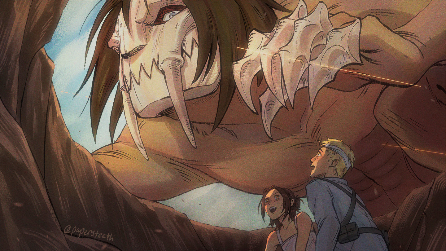 Canon Divergence AU of (104th)Ymir having been brought to Marley and trained as the next Jaw Titan -- her titan redesigned to resemble a sabertooth tiger. This is a scene redraw of Season 4 Episode 1 where she is hovering protectively over an excited Gabi Braun and Falco Grice in a trench with bullets flying by overhead.