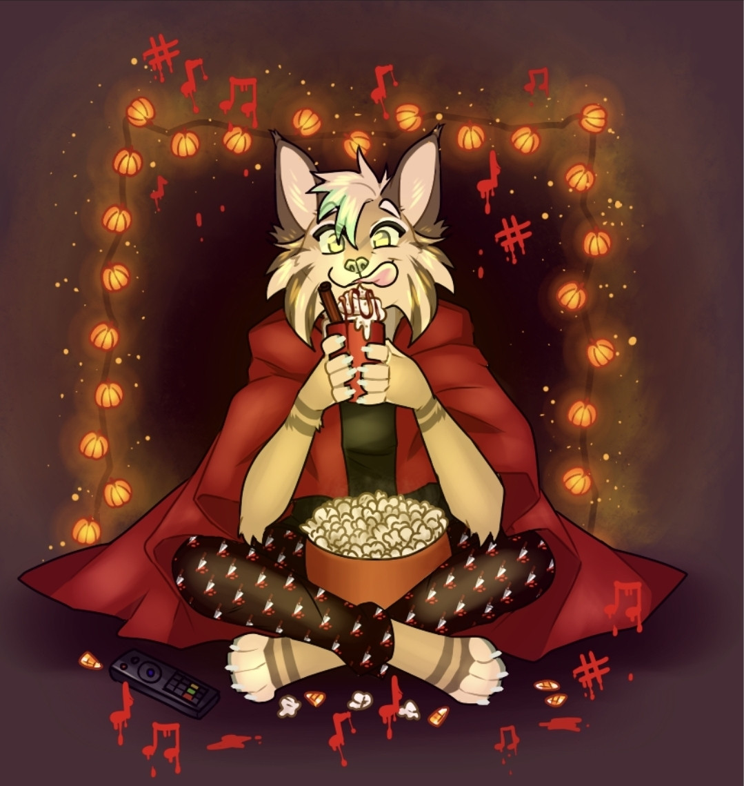 A tan bobcat fursona holds a sugary, warm drink while wrapped in a red blanket. A bowl of popcorn sits in front of her; some pieces of popcorn and candy corn gracing the floor next to a TV remote. Bloody, discordant music notes float about the scene. She seems excited about whatever movie she's watching. 

Art by larke.bsky.social