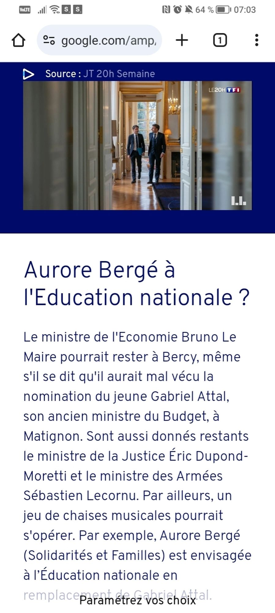 Screen d'écran du site Web de TF1 sur la possibilité de voir Aurore Bergé nommée Ministre de L'éducation nationale.