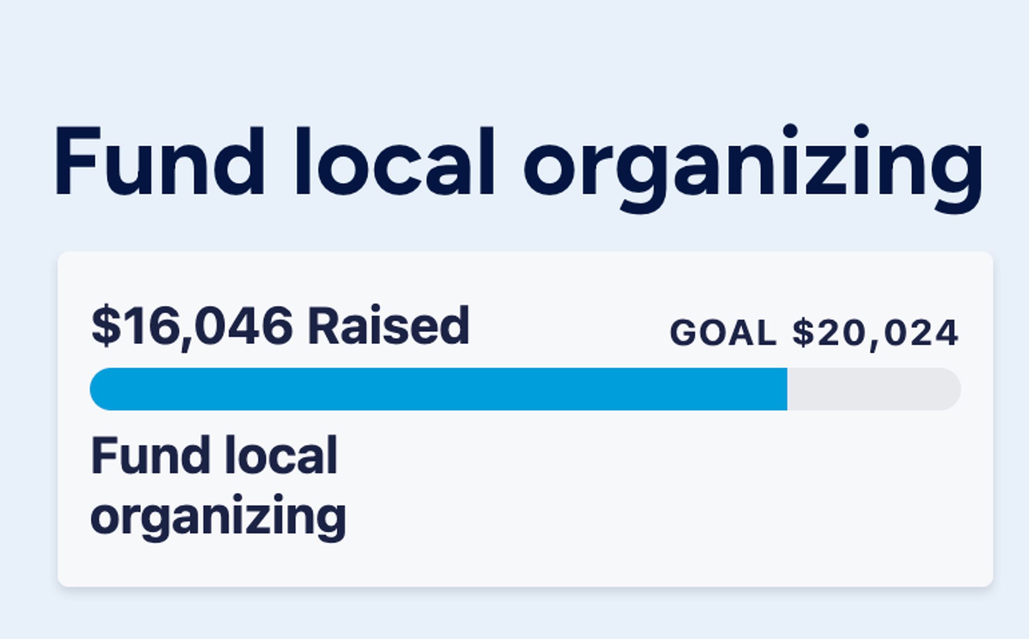 Fund local organizing

$16,046 raised 
$20,024 goal