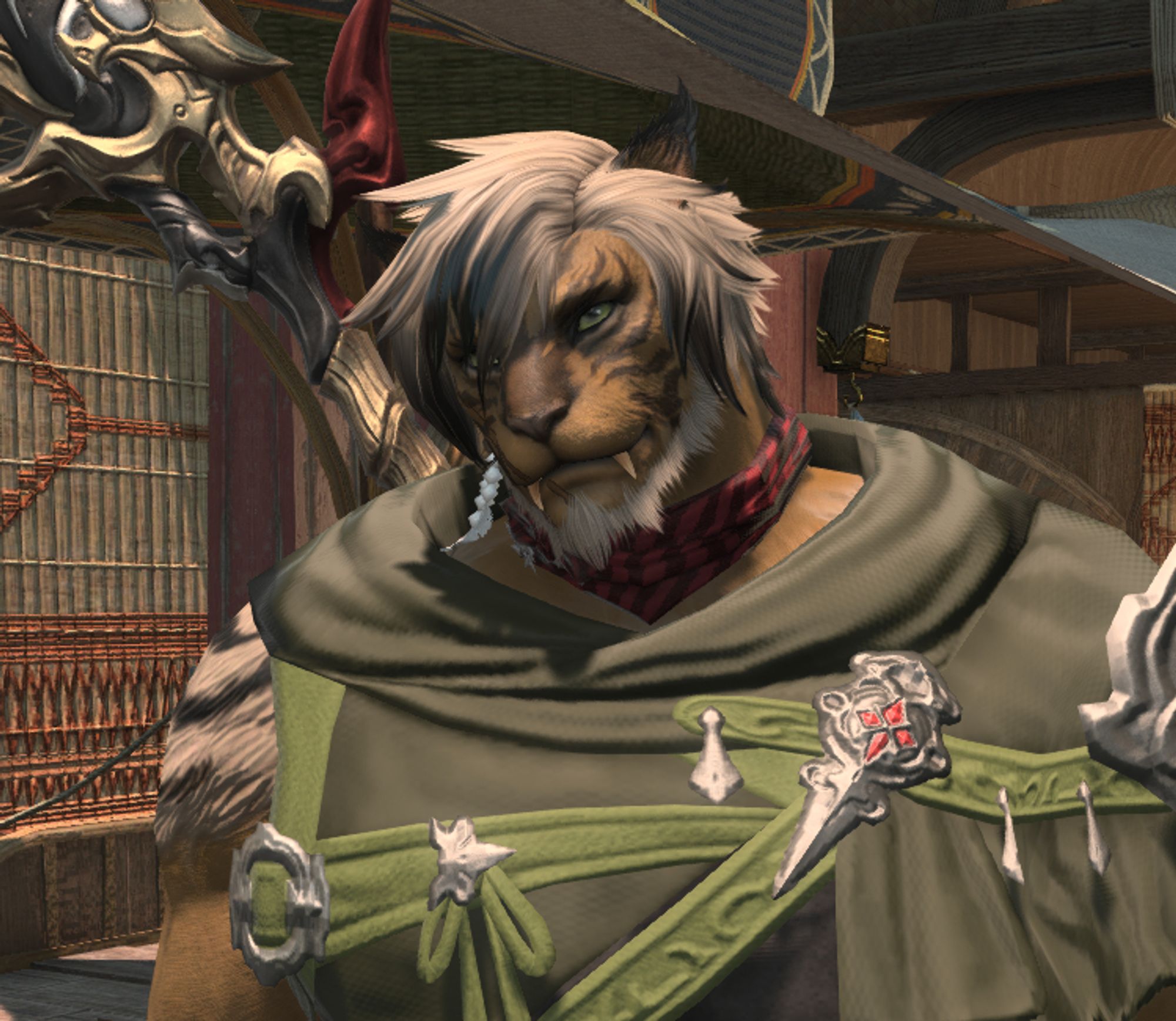 A male Hrothgar from Final Fantasy XIV smiling towards the camera.