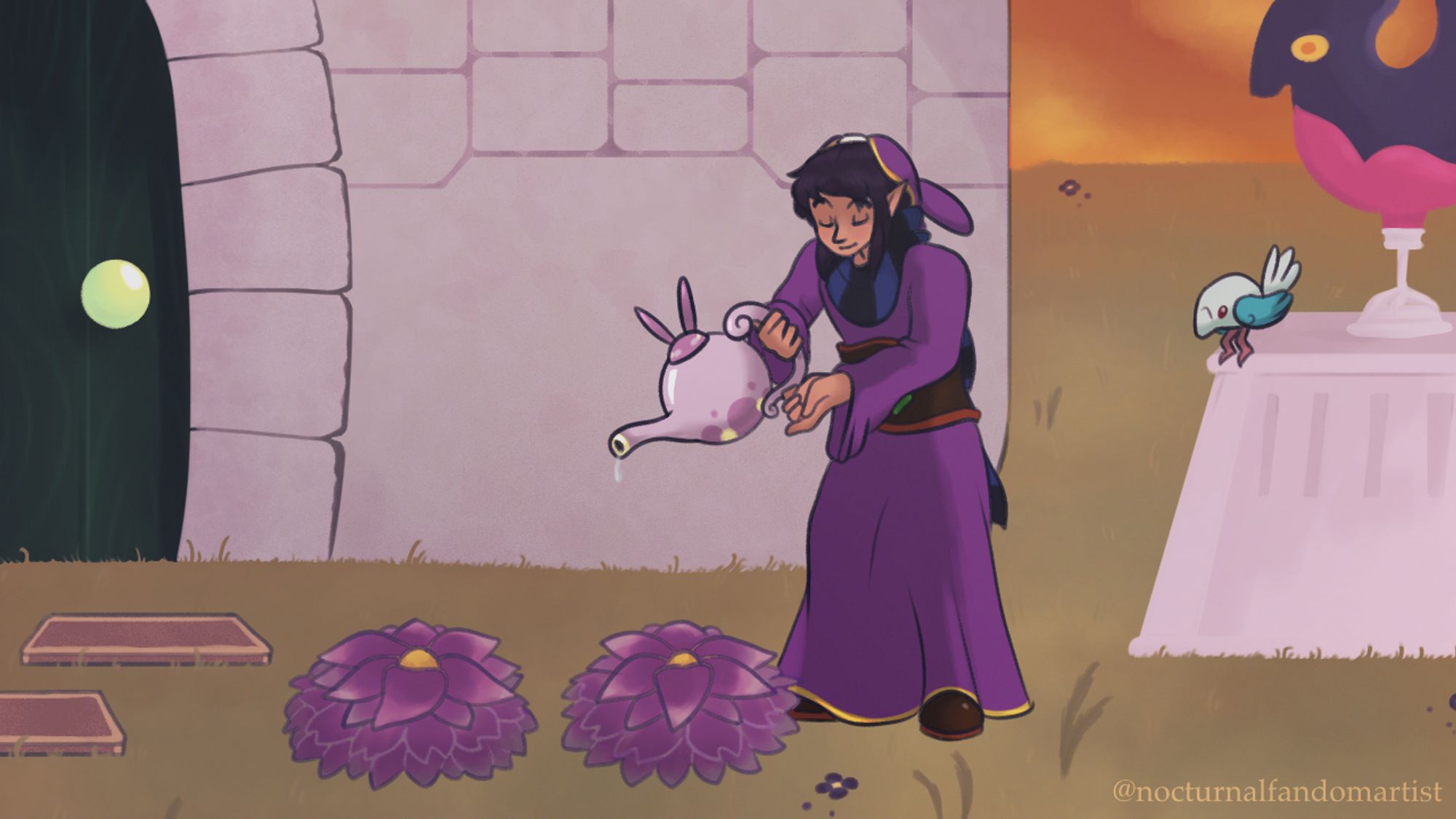 Ravio stands outside his house in the bleak fields of Lorule, watering the purple flowers in the yard alone. Sheerow watches emotionlessly from the statue outside.