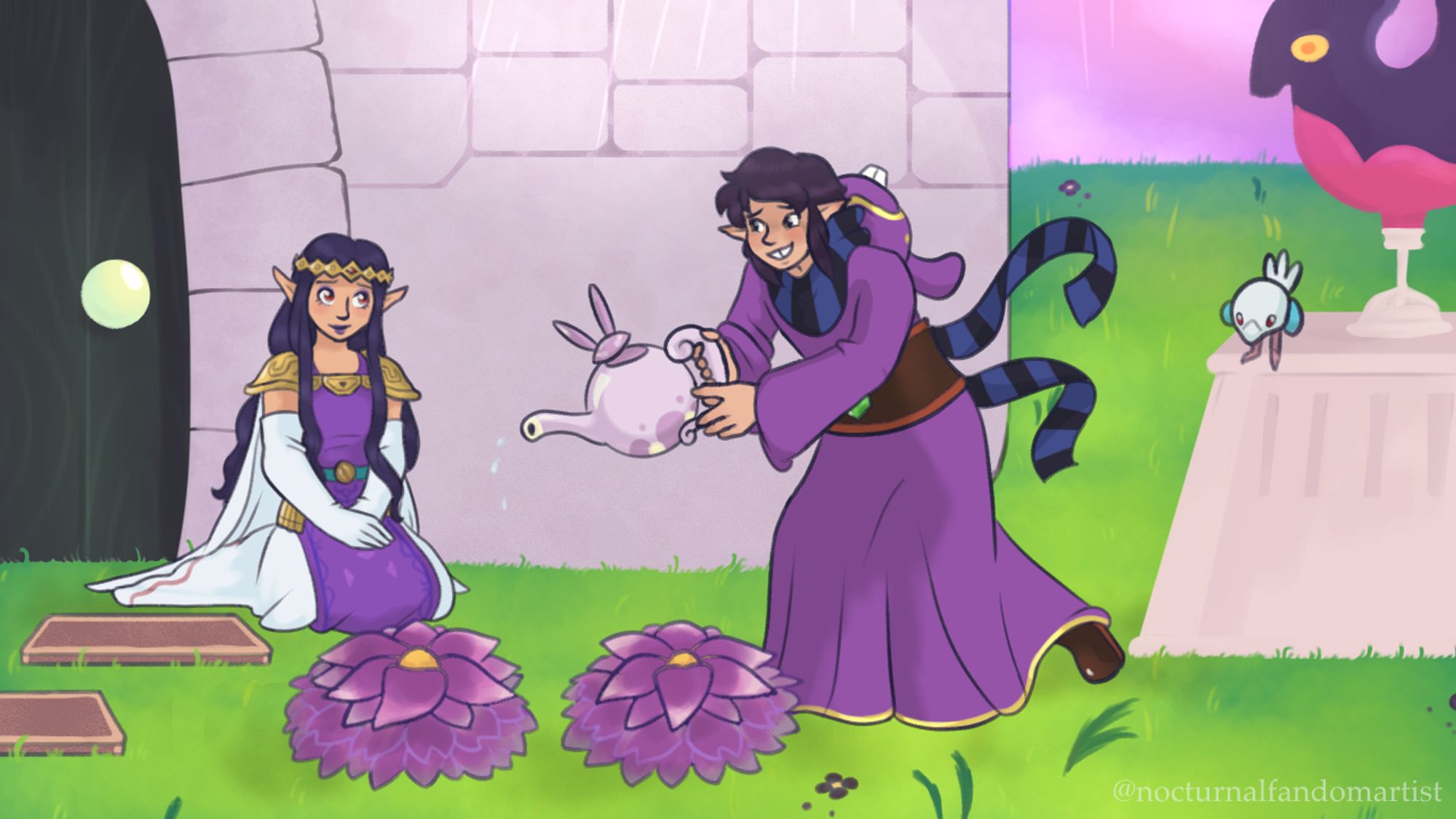 Ravio stands outside his house in the rejuvinated fields of Lorule, watering the purple flowers in the yard with Princess Hilda sitting nearby. Sheerow watches intently from the statue outside.