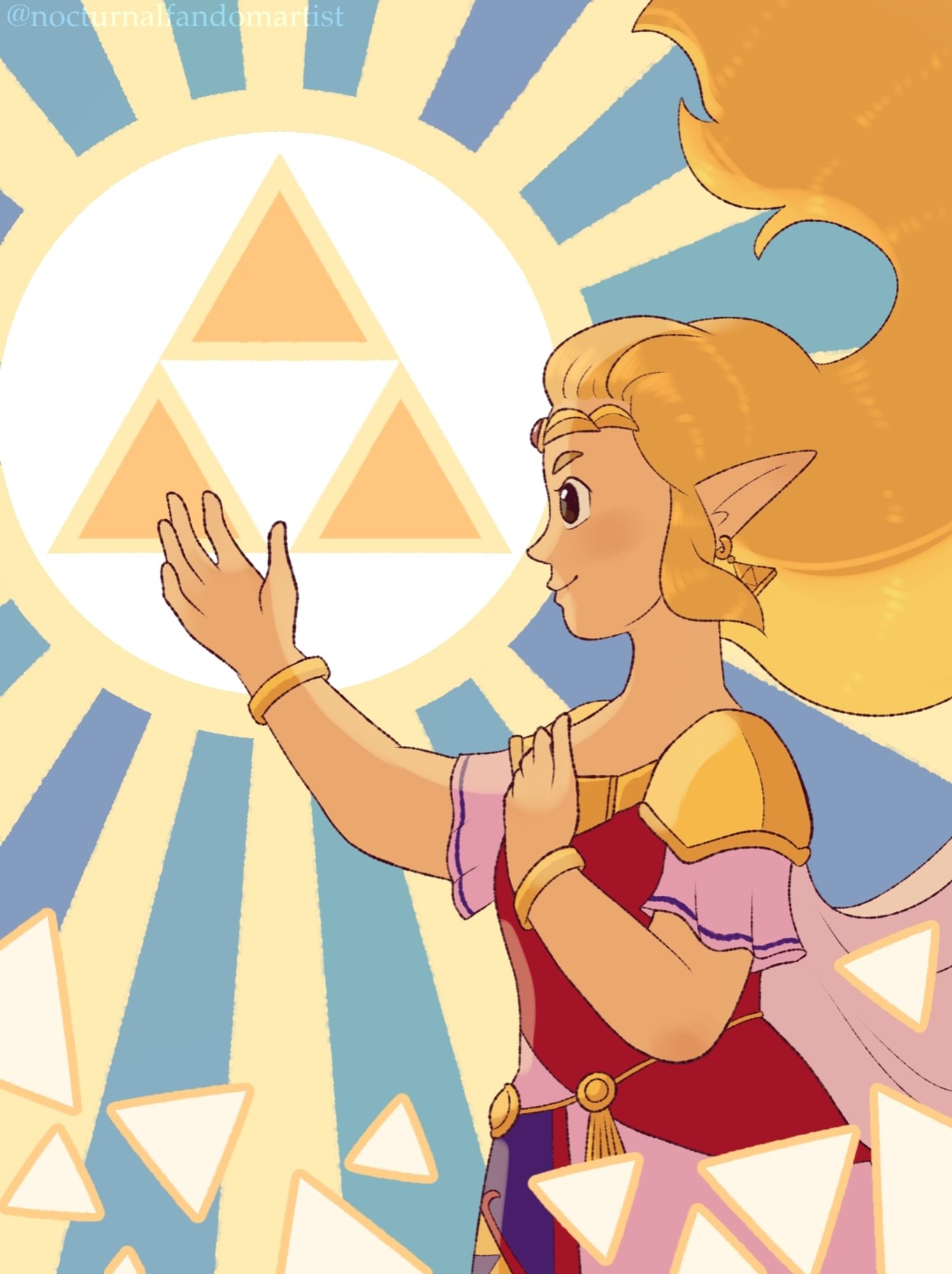 Princess Zelda from Echoes of Wisdom stands against a decorative background resembling beams of light. Her right hand lines up with the pattern of the Triforce.