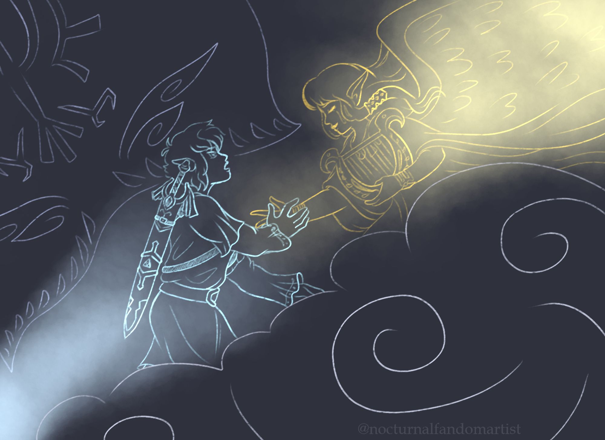 Link from Skyward Sword scales the clouds to reach Zelda, who has the wings of Hylia. The sailcloth she made him flows in the background. Zelda is illuminated by golden light like the Triforce, and Link is illuminated by blue light like the Master Sword. The piece is primarily done in lines only.