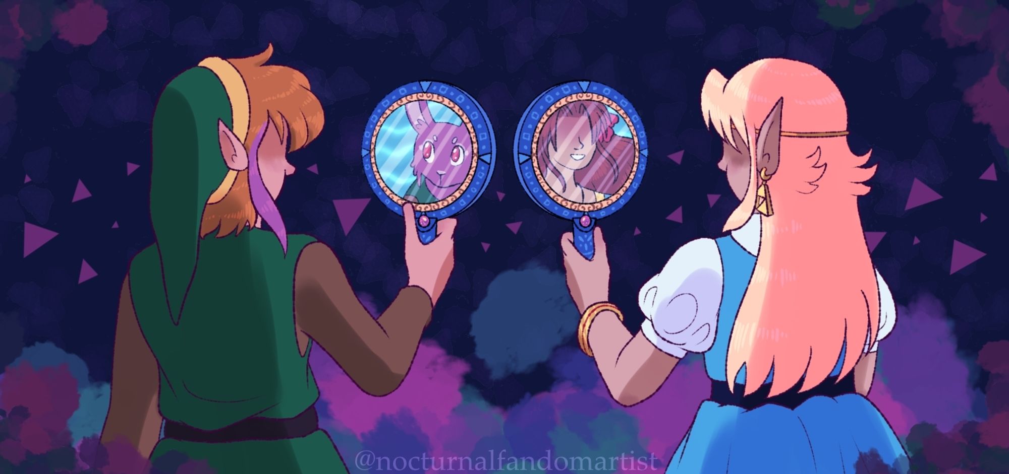 Link and Zelda from ALttP stand parallel to each other, each holding a magic mirror. Link's reflection is his rabbit form, whereas Zelda's is Marin from Link's Awakening.