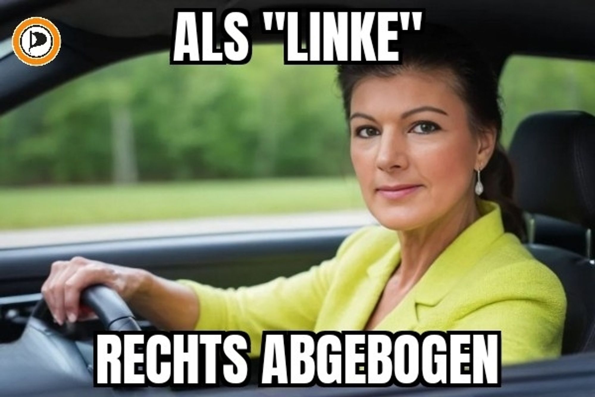 !B Wagenknecht im Auto + Text "Als 'Linke' falsch abgebogen"