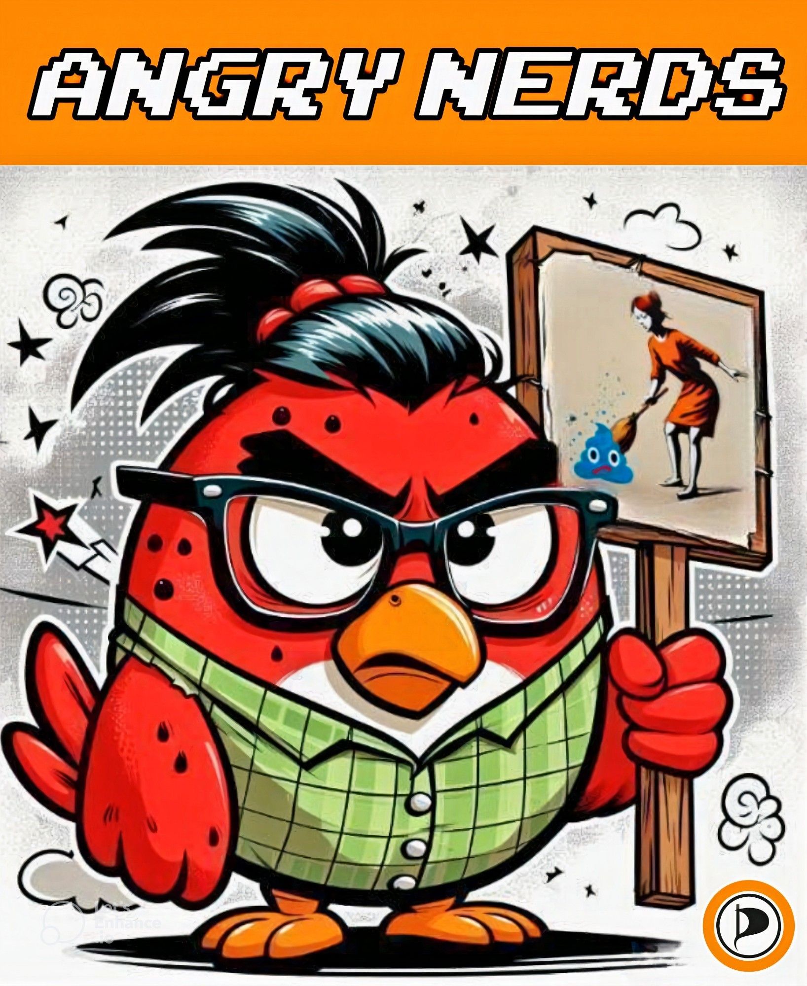 !B Comic Nerdy Angry Bird mit Anti-AfD Plakat, Überschrift Angry Nerds